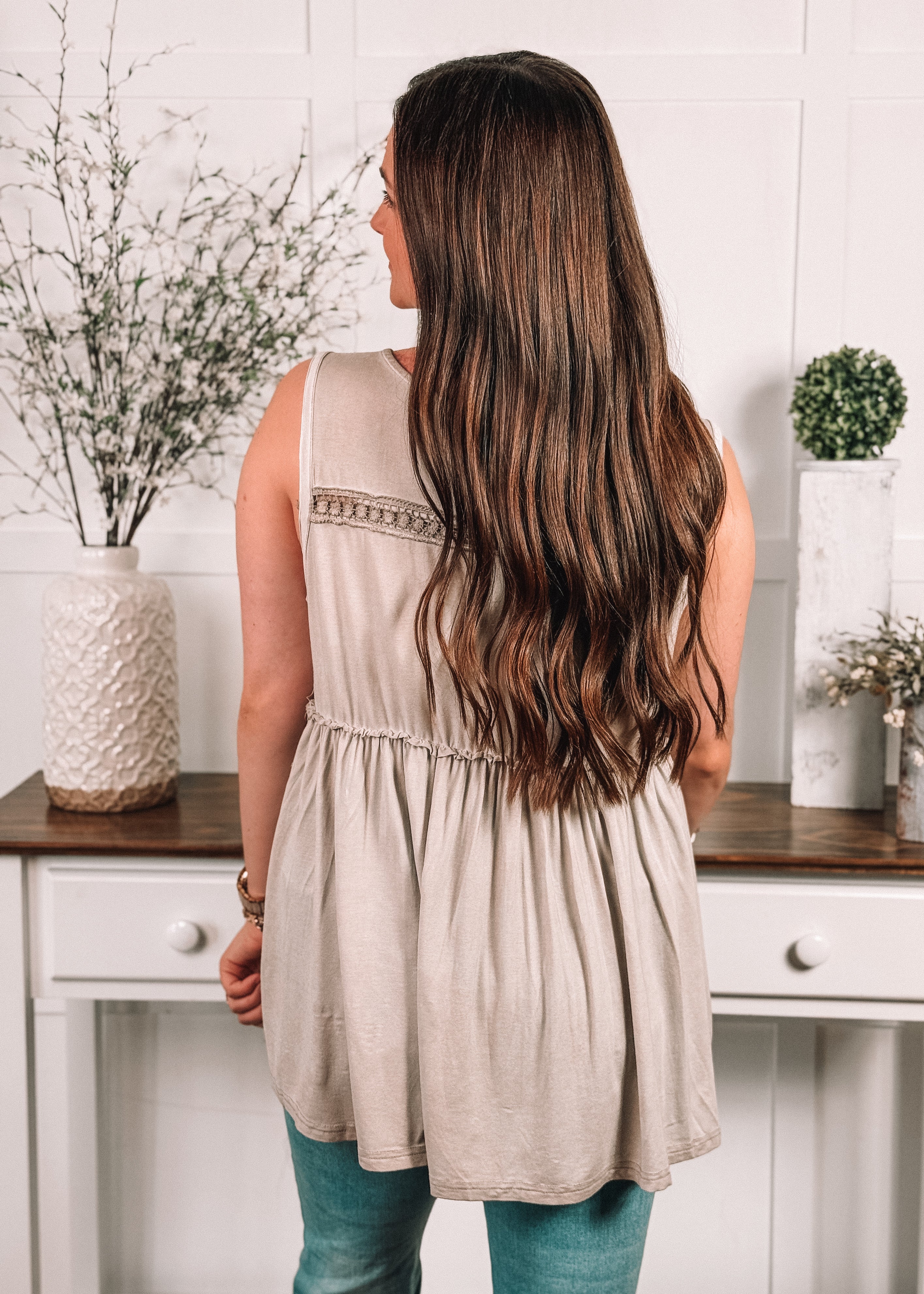 Happiness Trails Boutique - Light taupe lace babydoll tank top