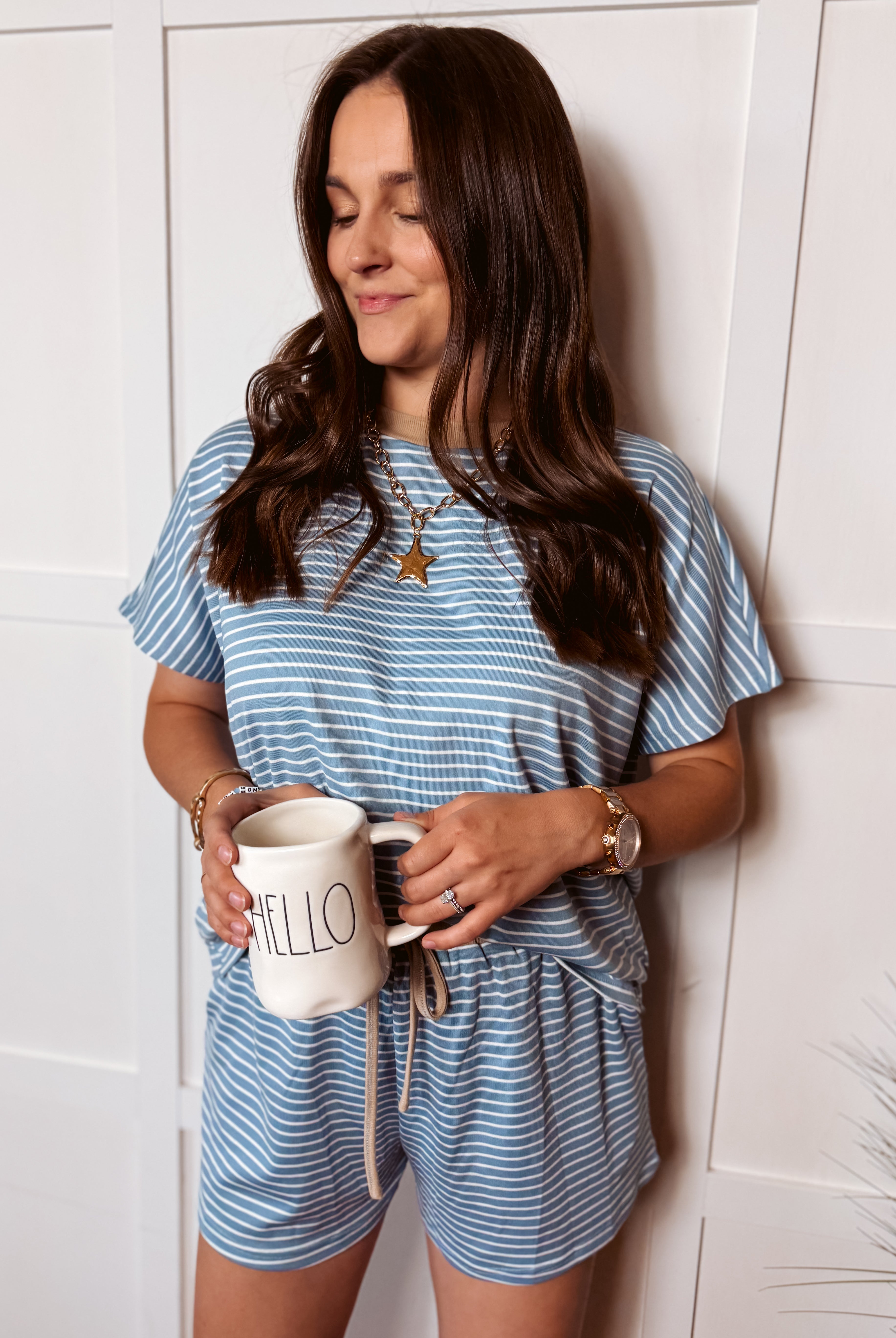 Happiness Trails Boutique - Denim blue/taupe striped knit top and short set