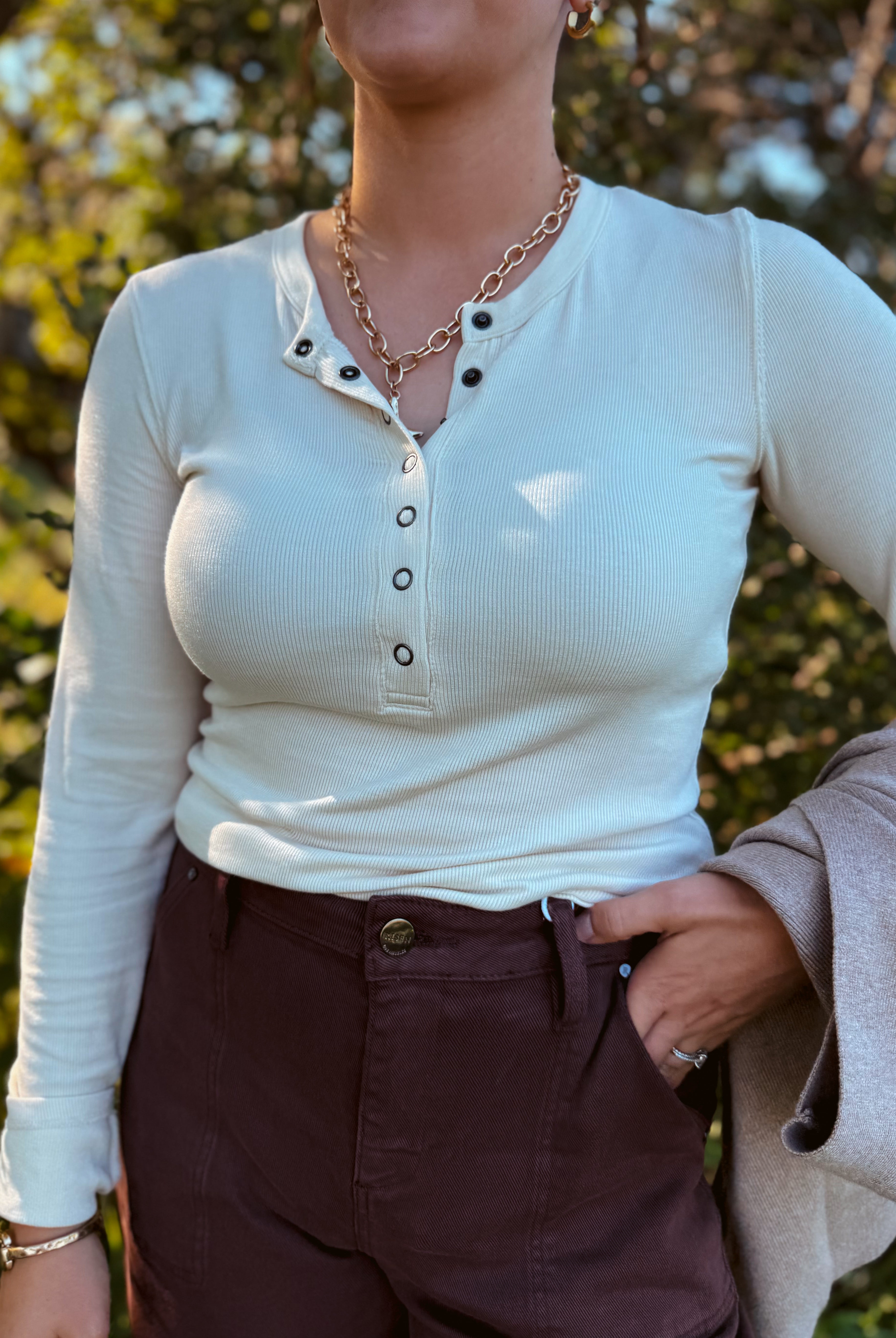 Happiness Trails Boutique - Cream Henley long-sleeved top