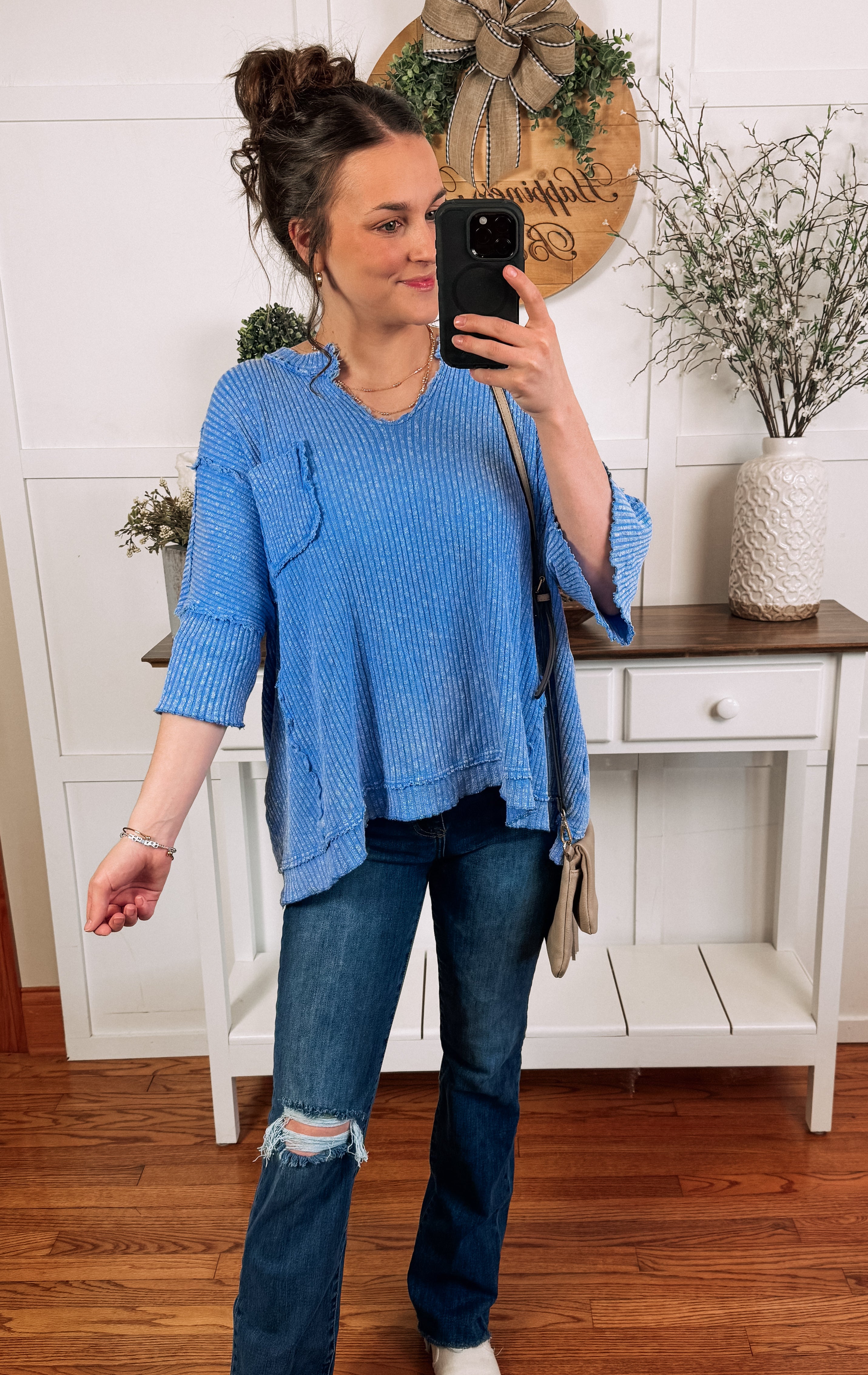 Happiness Trails Boutique - Blue short sleeve mineral wash knit top