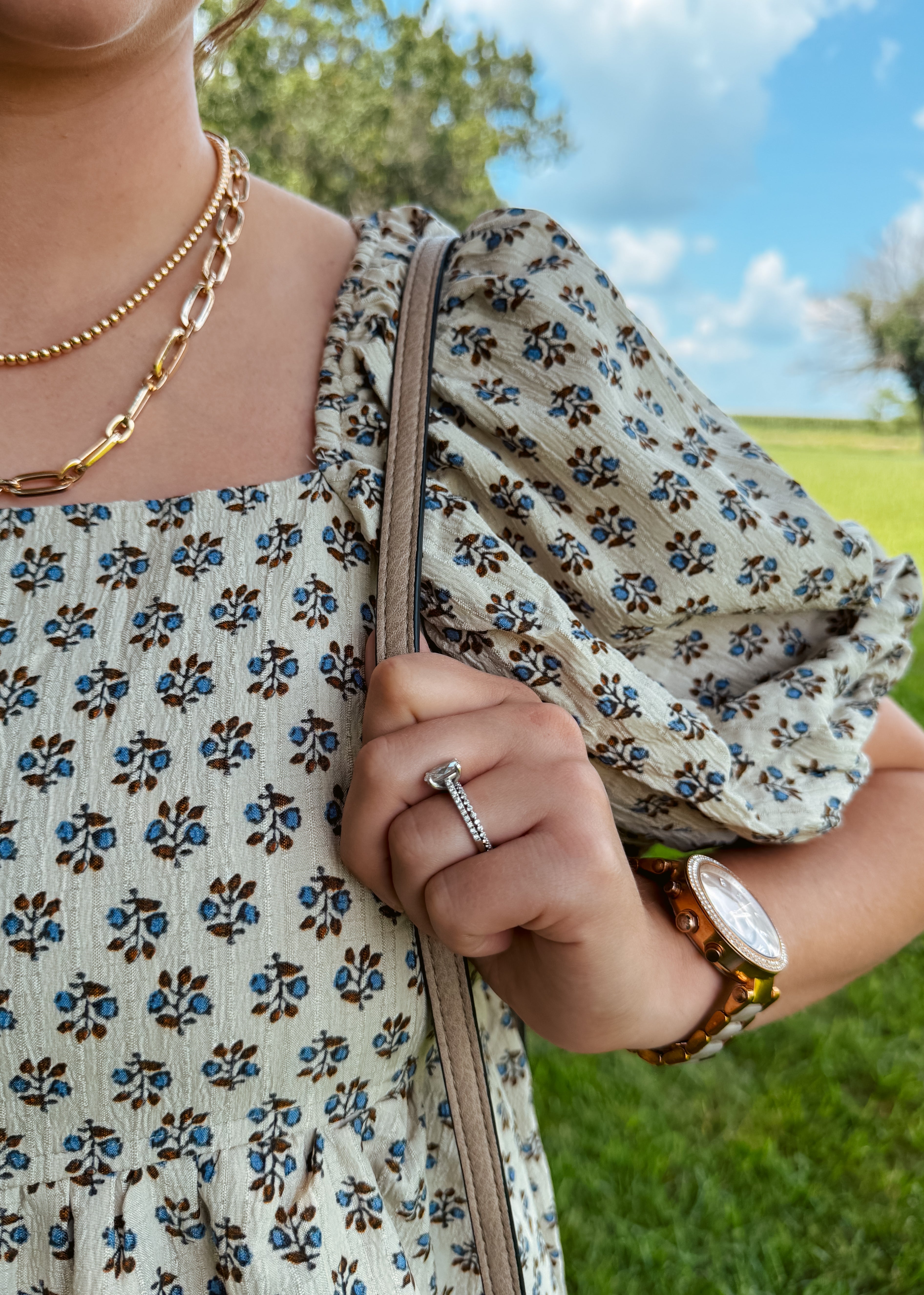 Happiness Trails Boutique - A soft neutral oatmeal tone beautifully complemented by blue floral accents dress