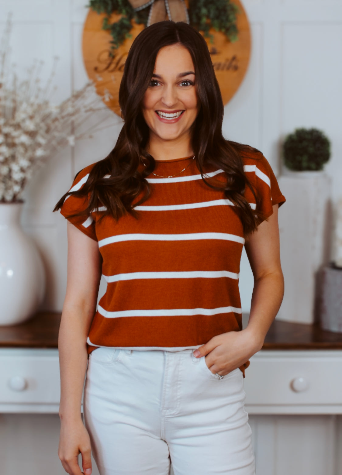 Happiness Trails Boutique - Rust short sleeve top with white stripes