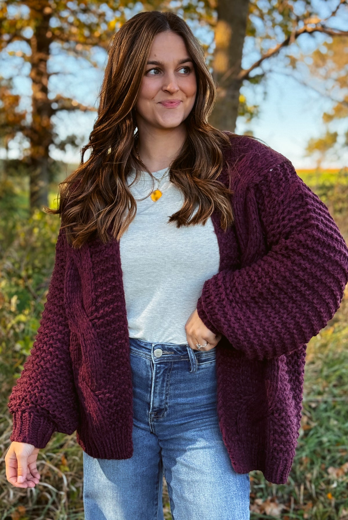 Happiness Trails Boutique - Maroon chunky cable knit cardigan