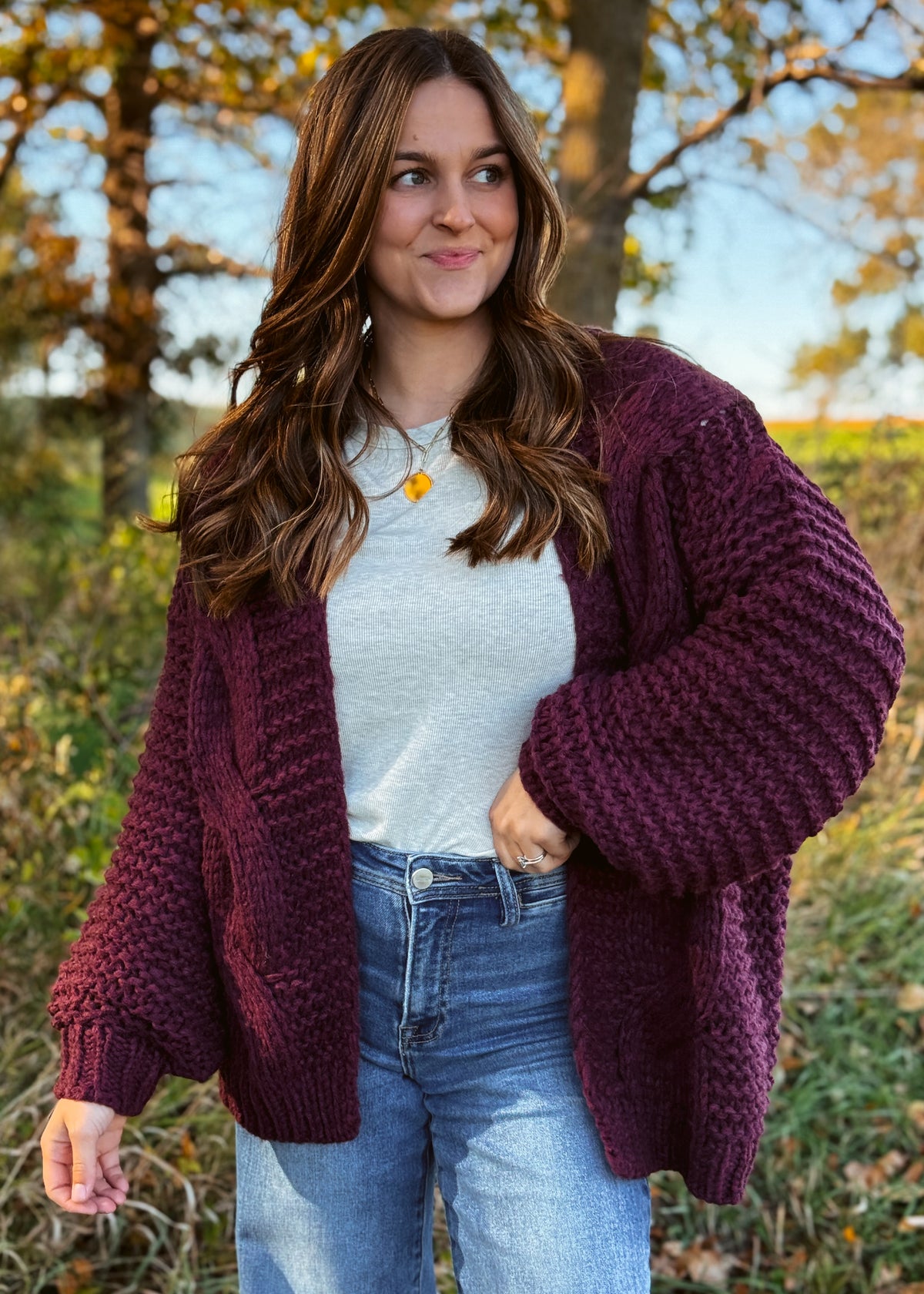 Happiness Trails Boutique - Maroon chunky cable knit cardigan