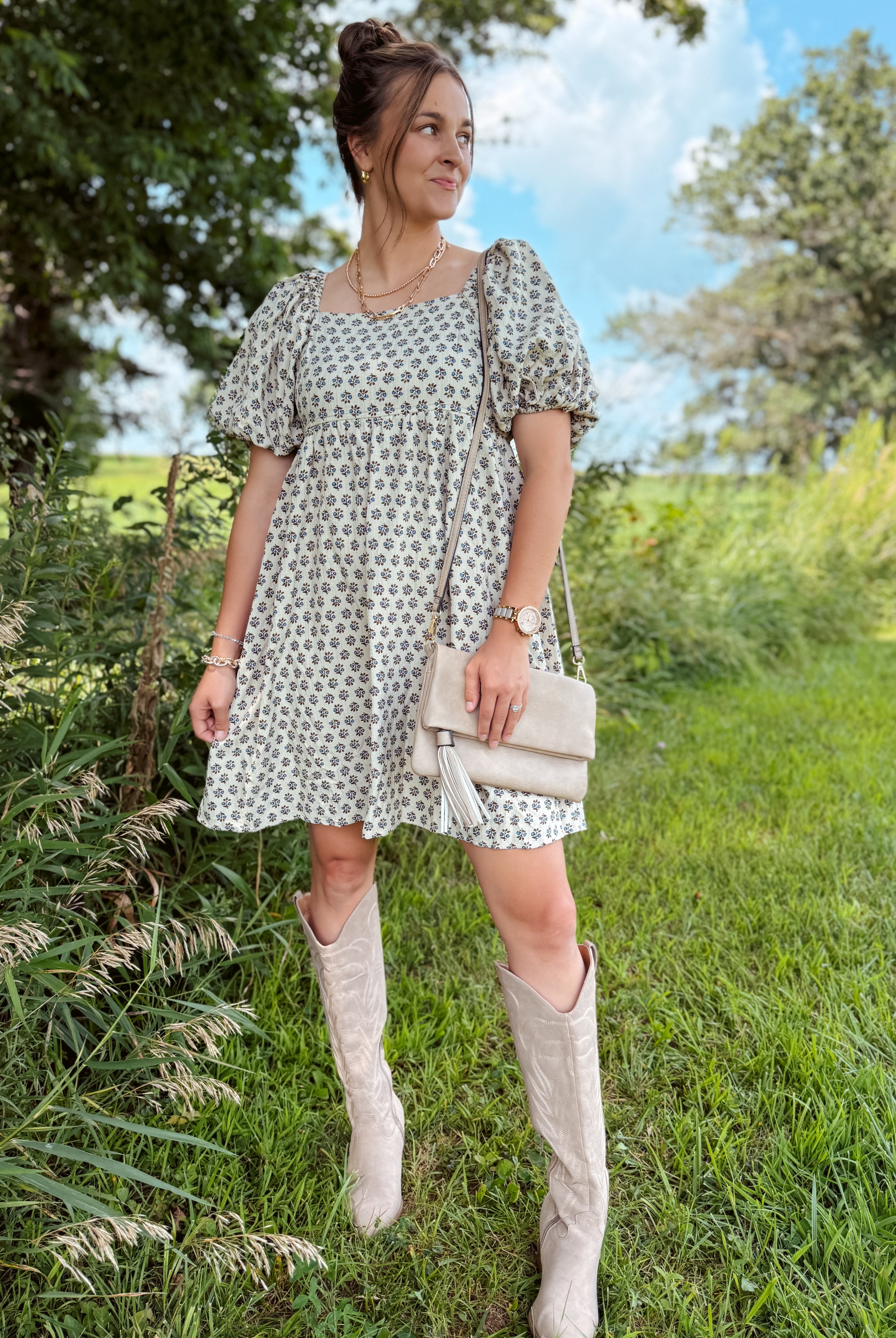 Happiness Trails Boutique - A soft neutral oatmeal tone beautifully complemented by blue floral accents dress
