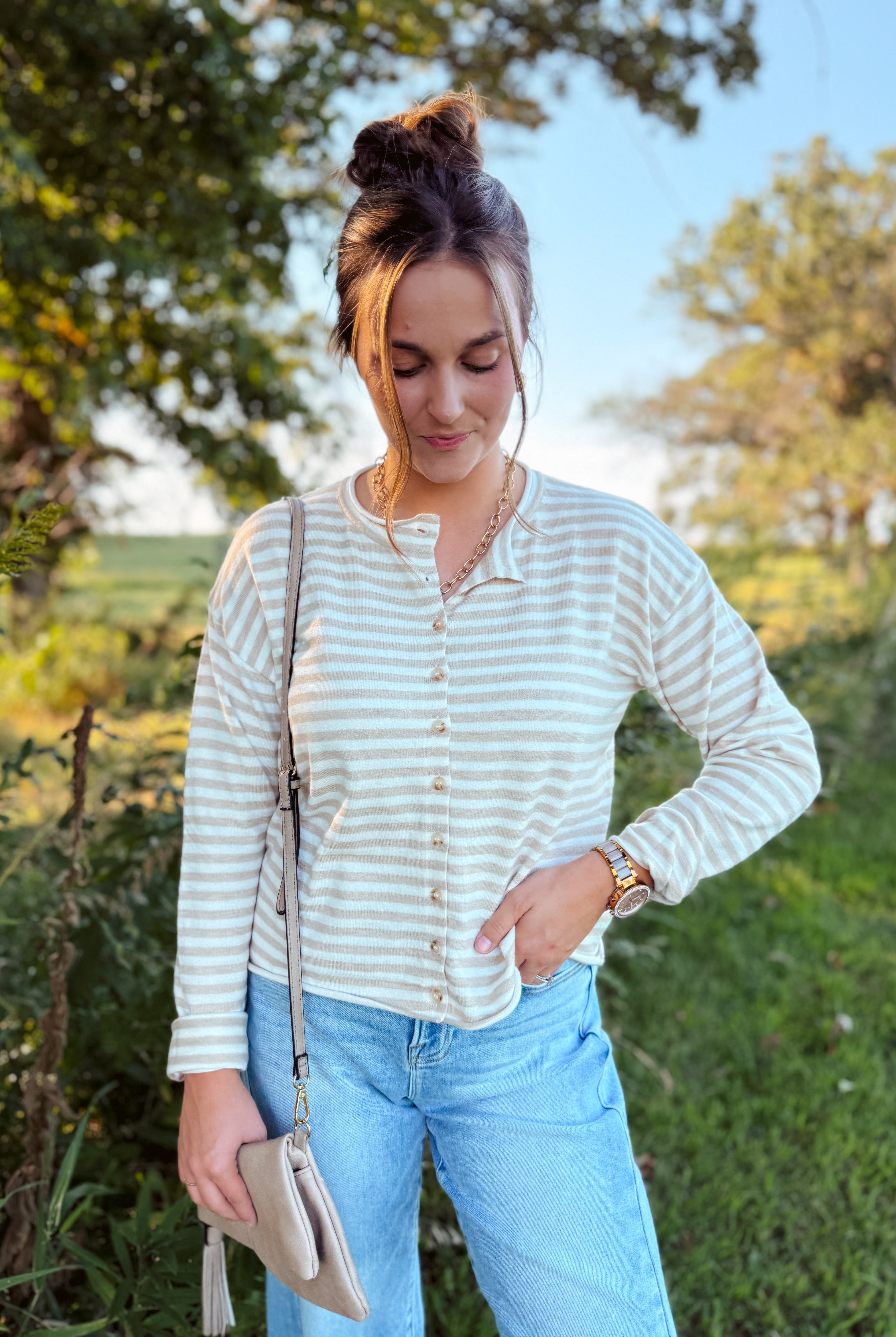 Happiness Trails Boutique - Beige cardigan top with off white stripes