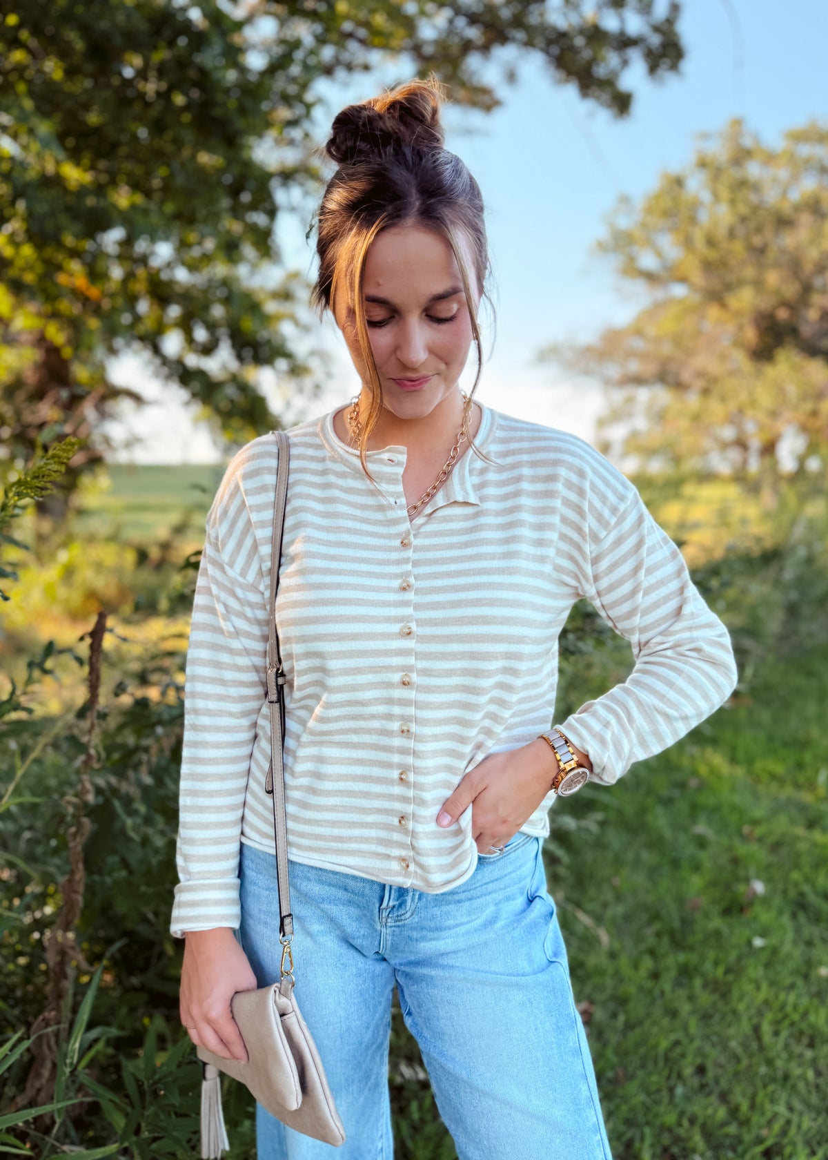 Happiness Trails Boutique - Beige cardigan top with off white stripes