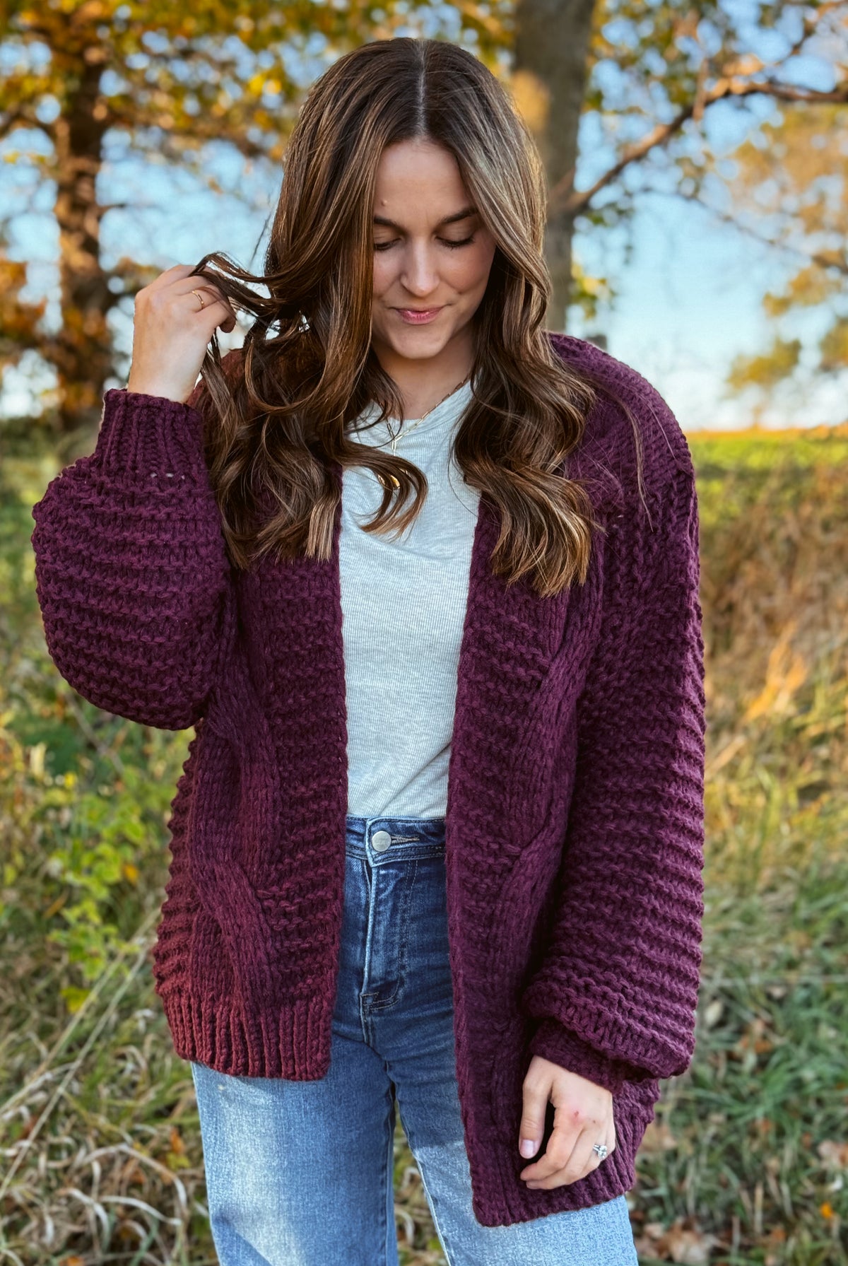 Happiness Trails Boutique - Maroon chunky cable knit cardigan