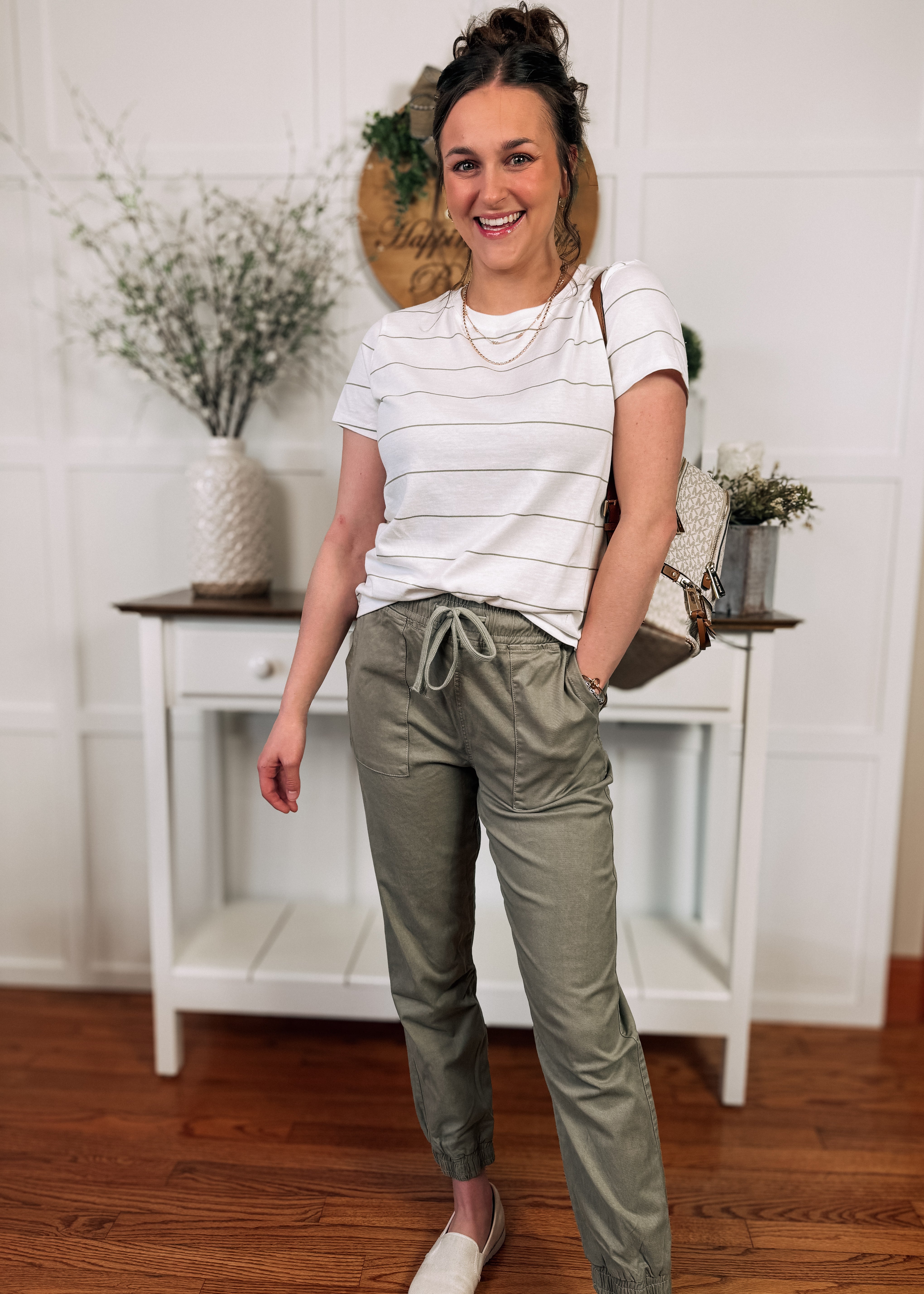 Happiness Trails Boutique - White/Sage striped tee