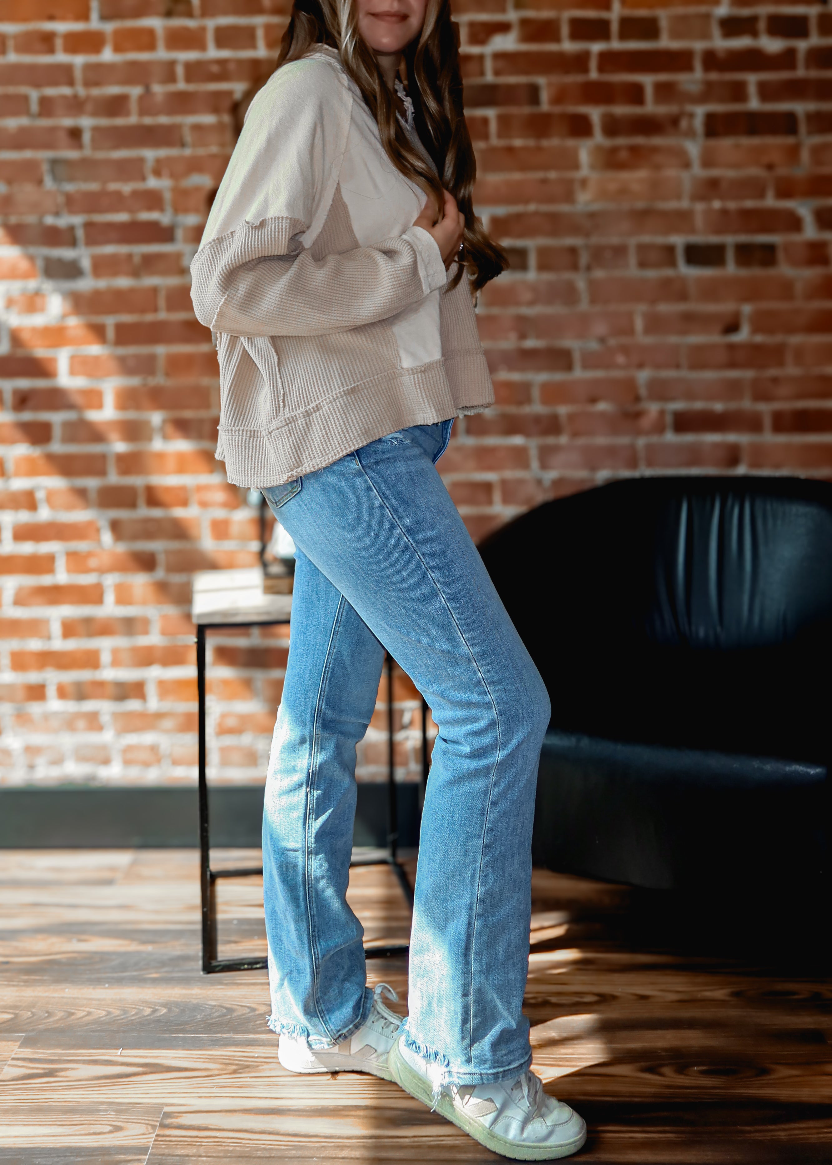 Happiness Trails Boutique - Beige mixed fabric knit long sleeve top