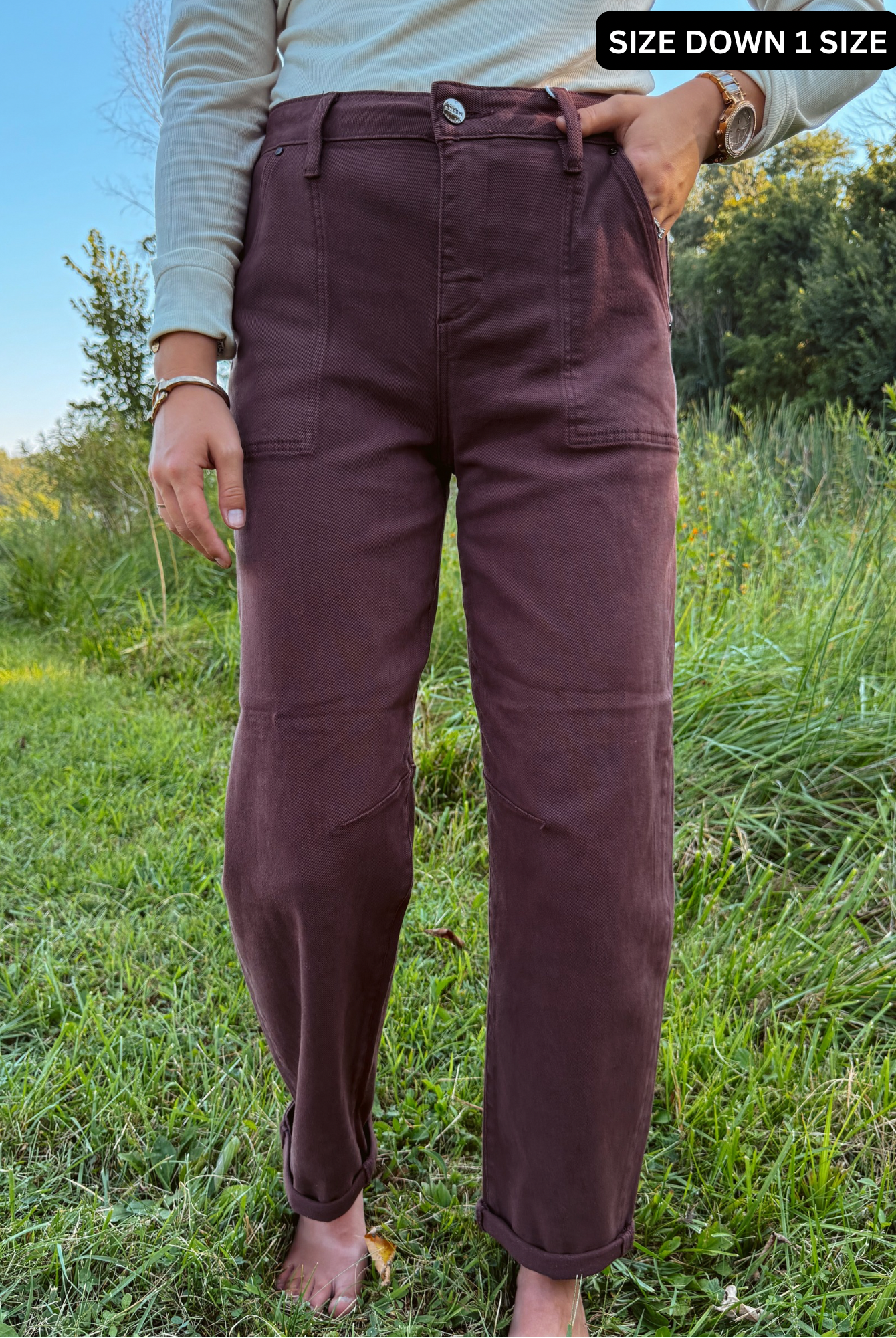 Happiness Trails Boutique - Risen Choco Brown Cuffed Barrel Jeans
