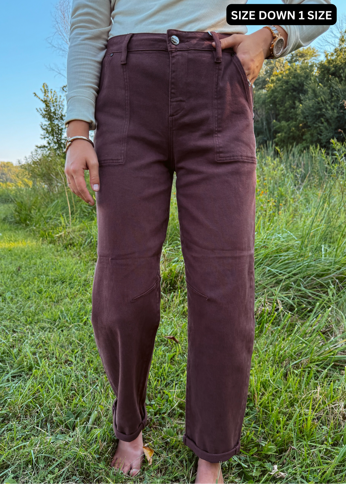 Happiness Trails Boutique - Risen Choco Brown Cuffed Barrel Jeans