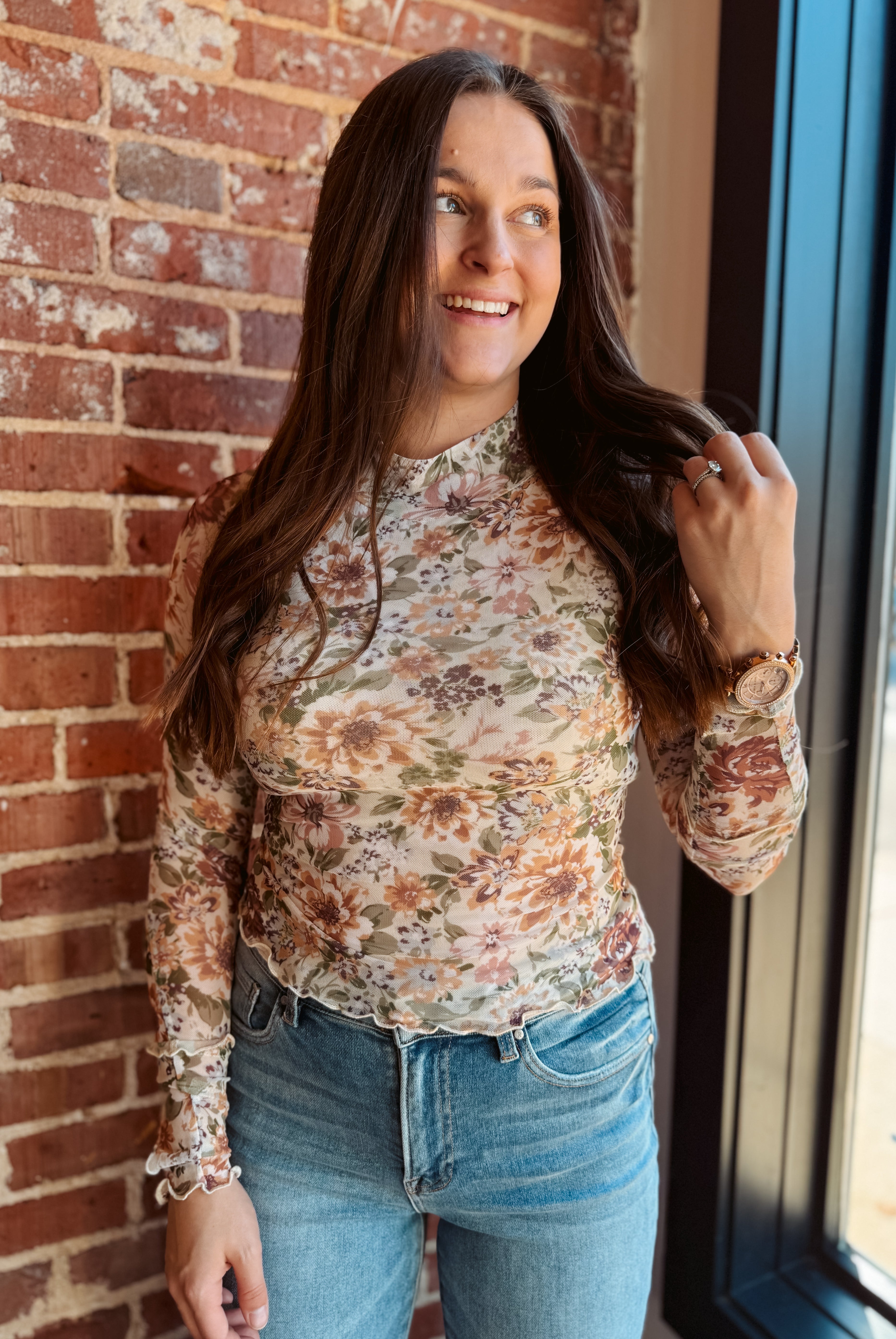 Happiness Trails Boutique - Cream floral mesh long sleeve top