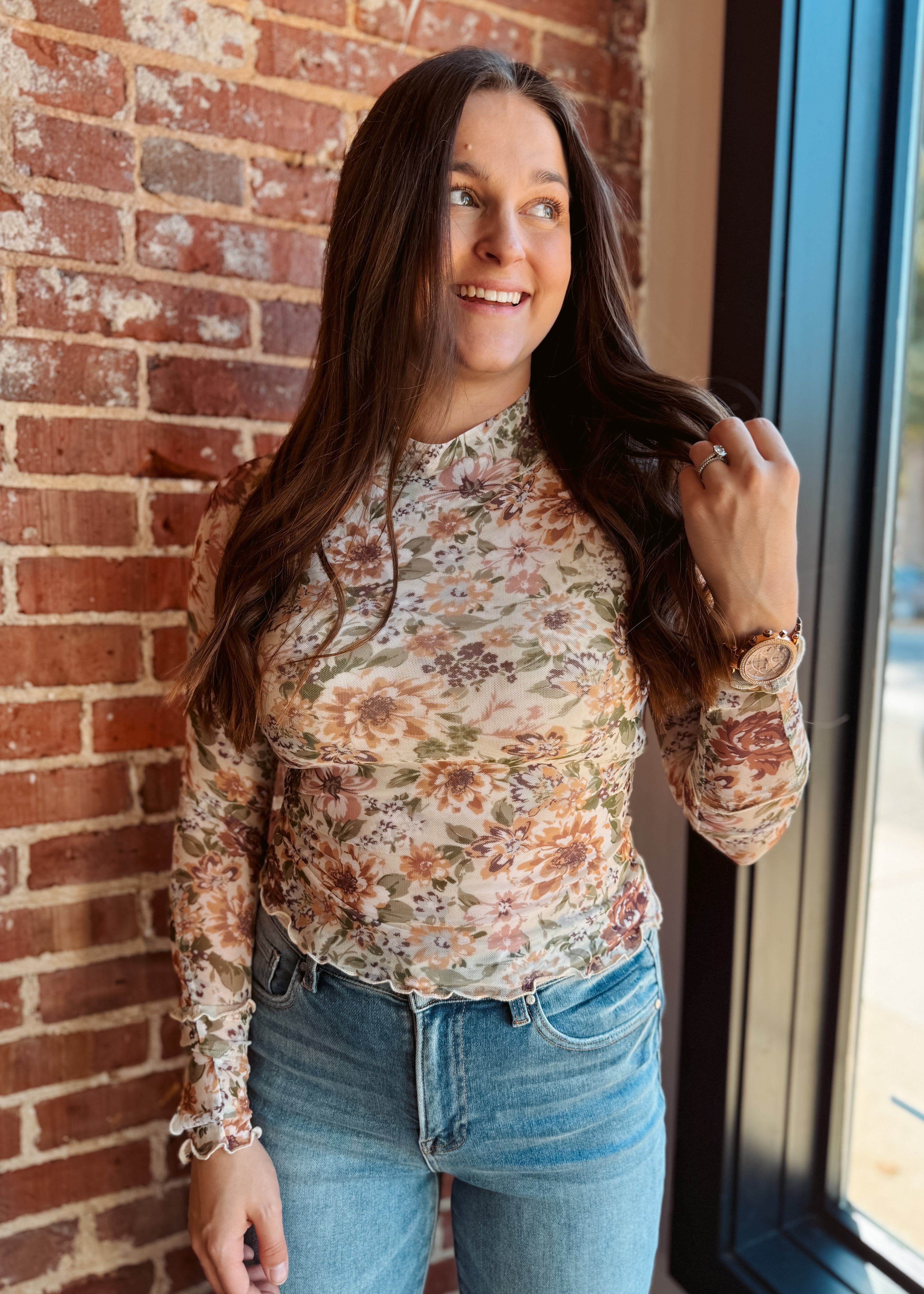Happiness Trails Boutique - Cream floral mesh long sleeve top