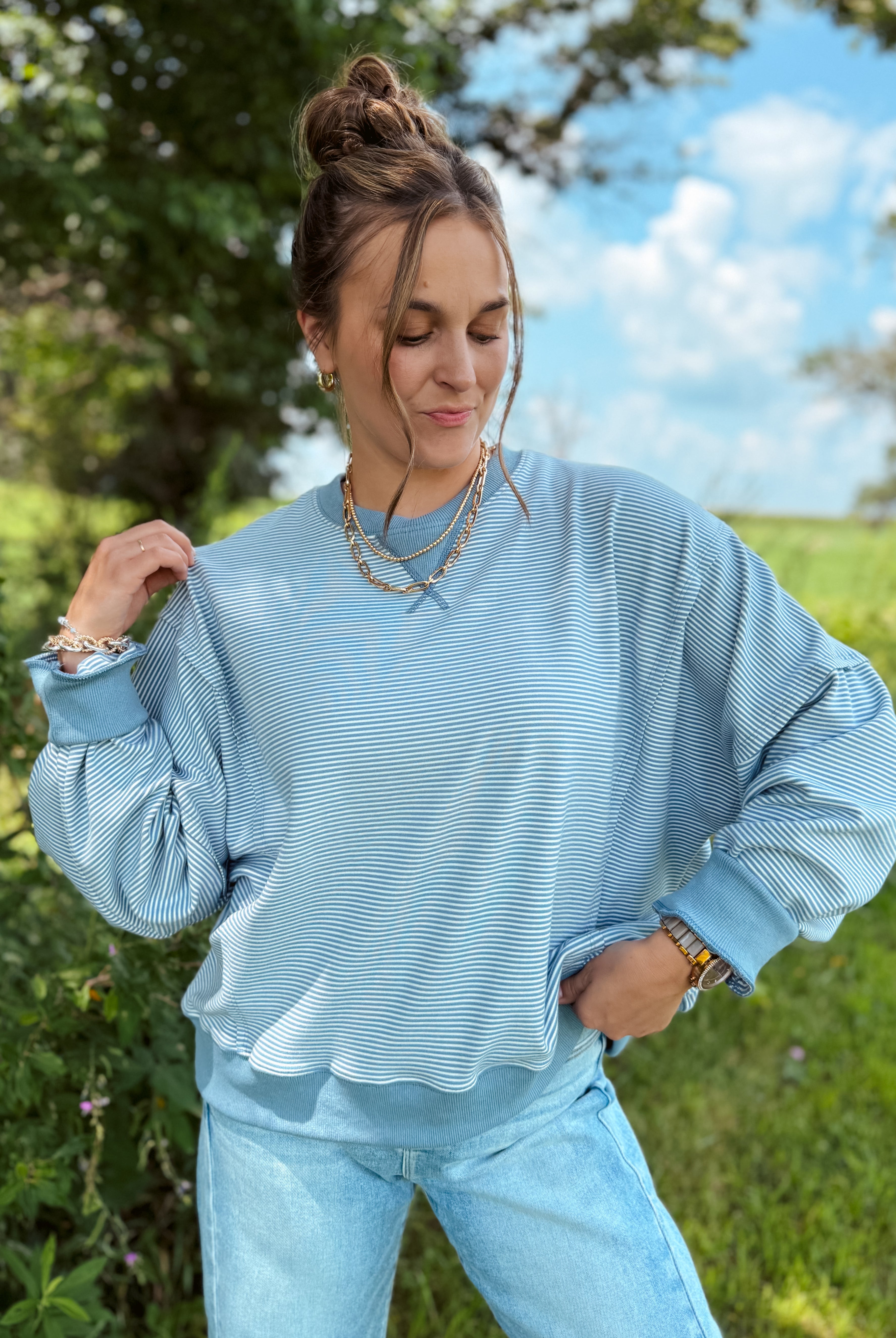 Happiness Trails Boutique - Ivory/blue striped sweatshirt
