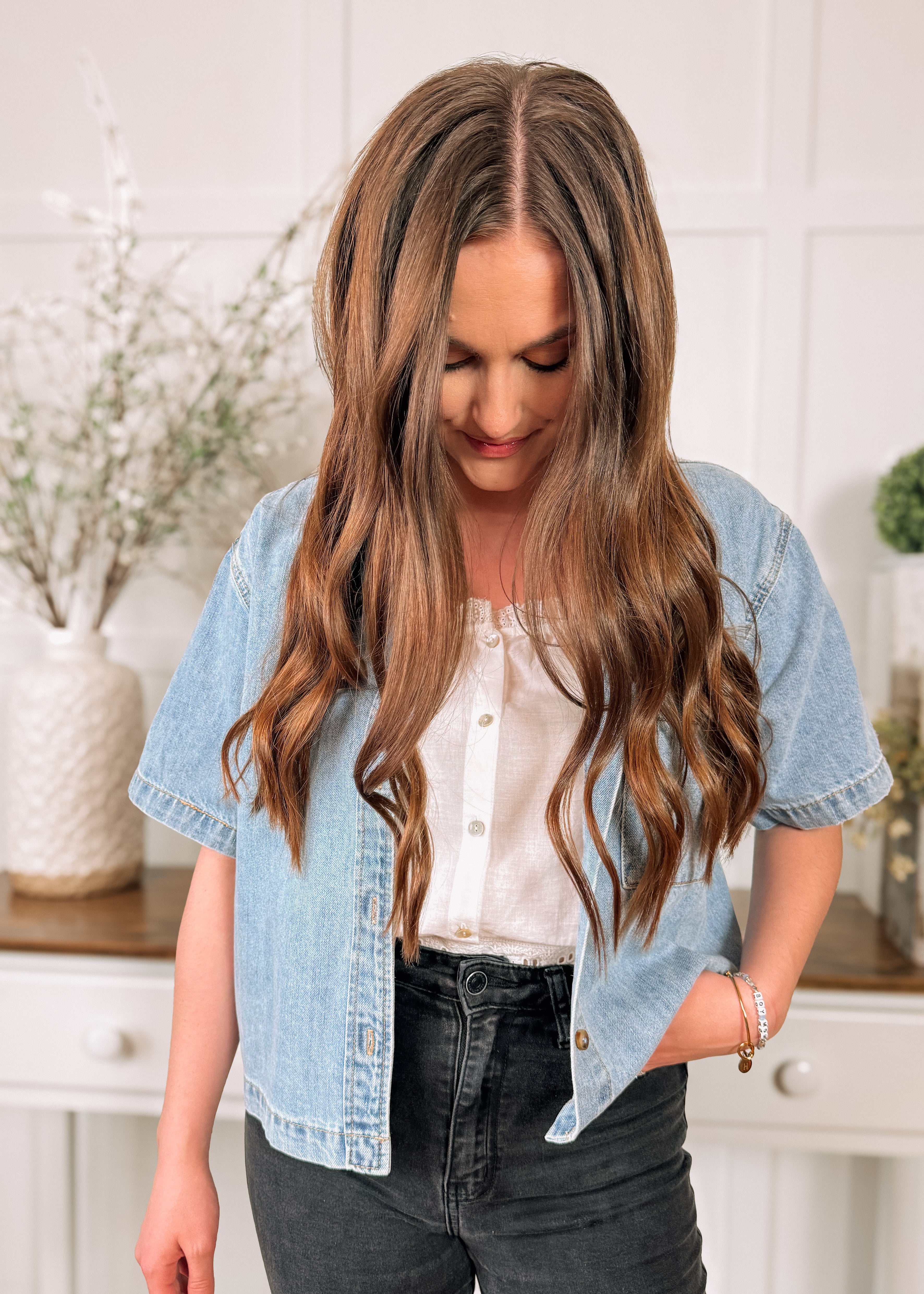 Happiness Trails Boutique - Light Denim button up short sleeve shirt
