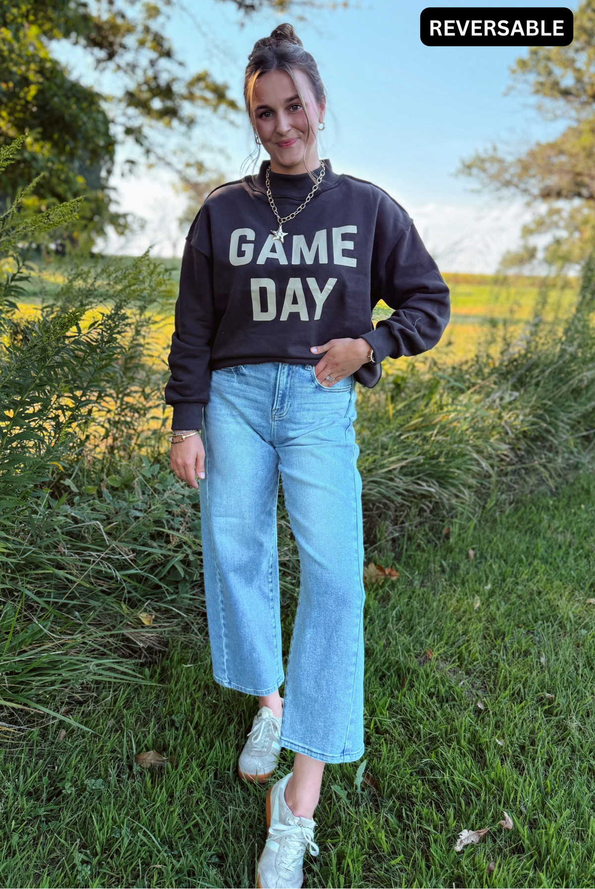 Happiness Trails Boutique - reversible Game Day sweatshirt! Featuring “Game Day” printed on one side and “Sunday Funday” on the reverse, this dark gray sweatshirt