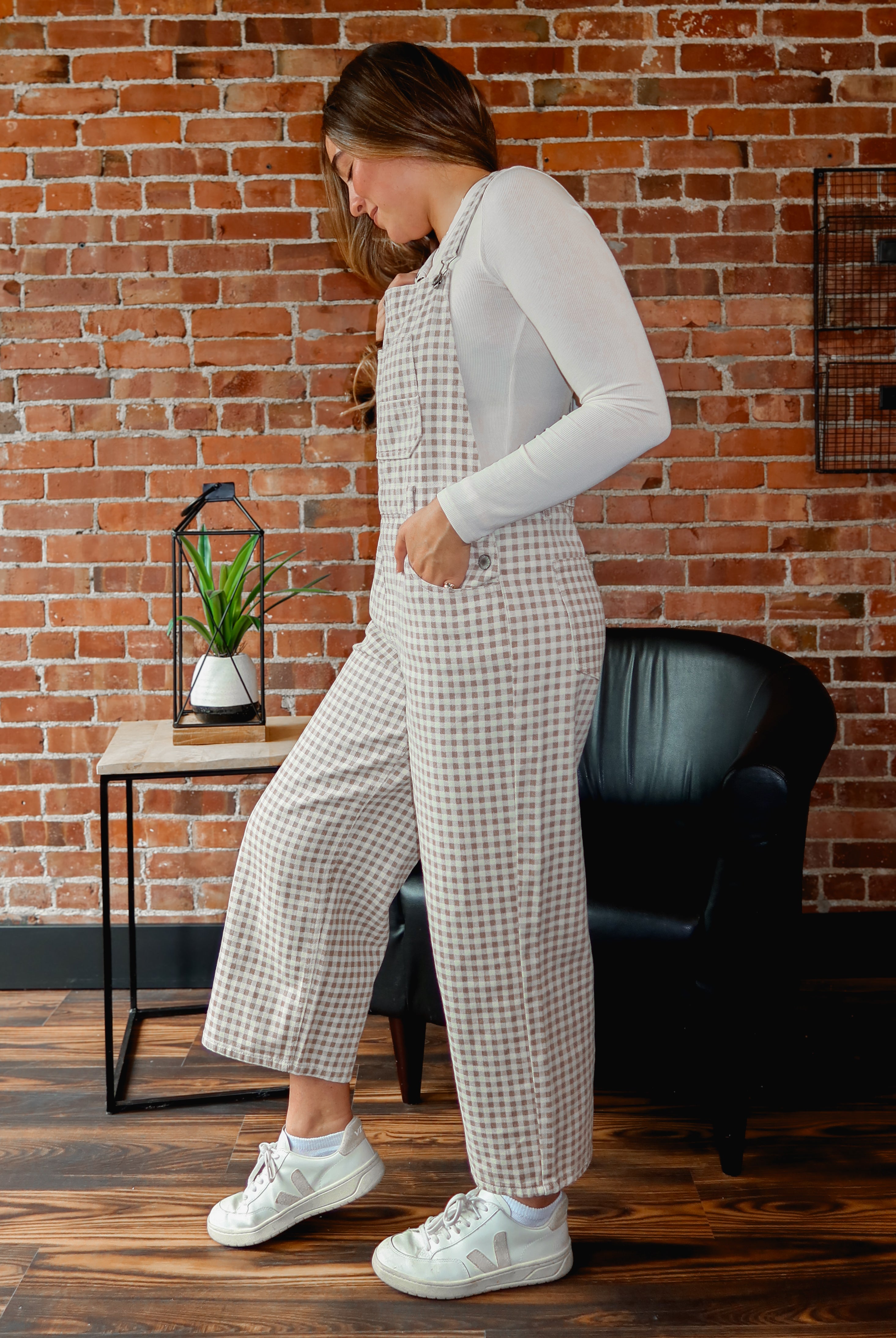 Happiness Trails Boutique - Cream/Taupe gingham denim overalls
