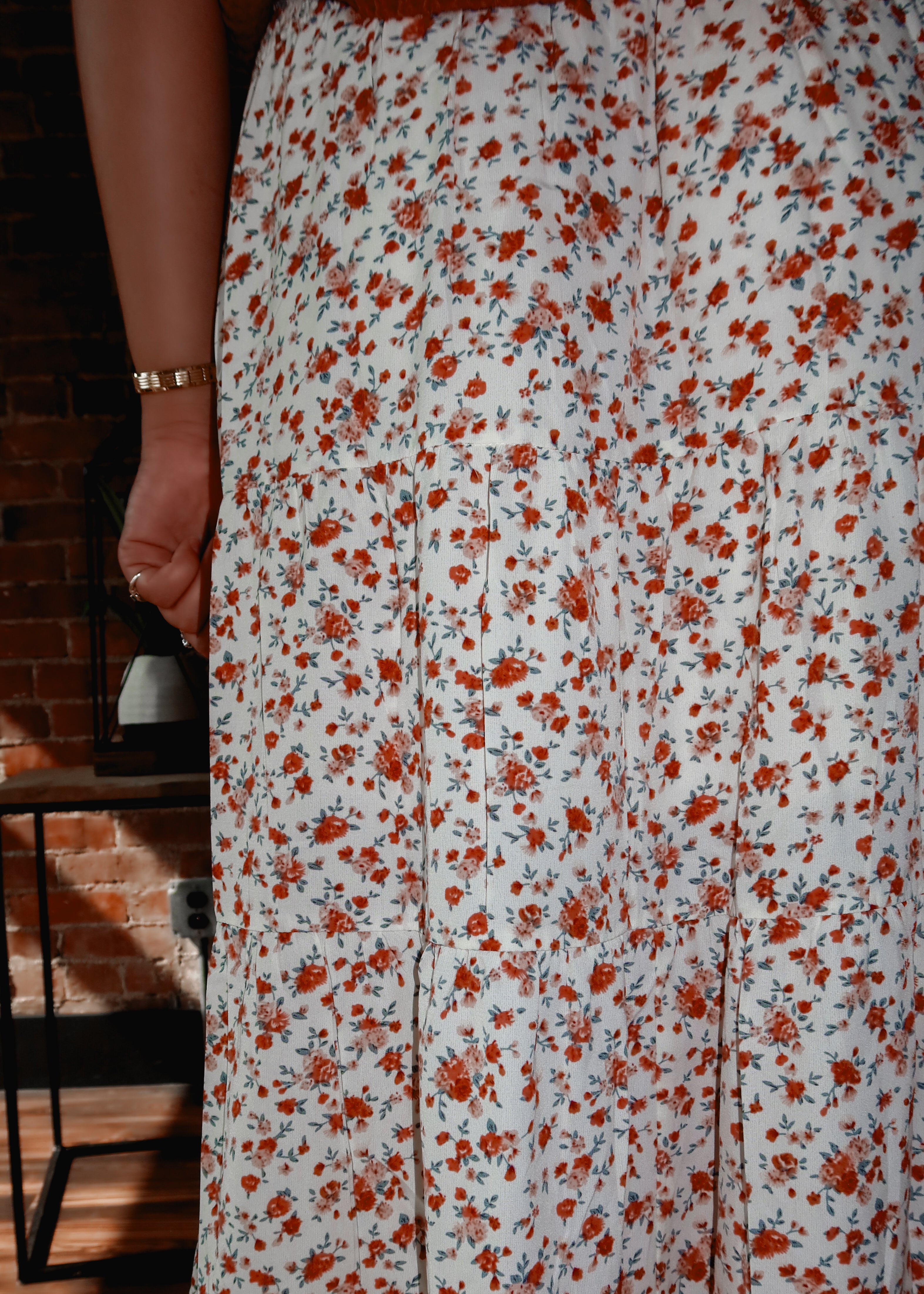 Happiness Trails Boutique - Cream midi skirt with brick floral design