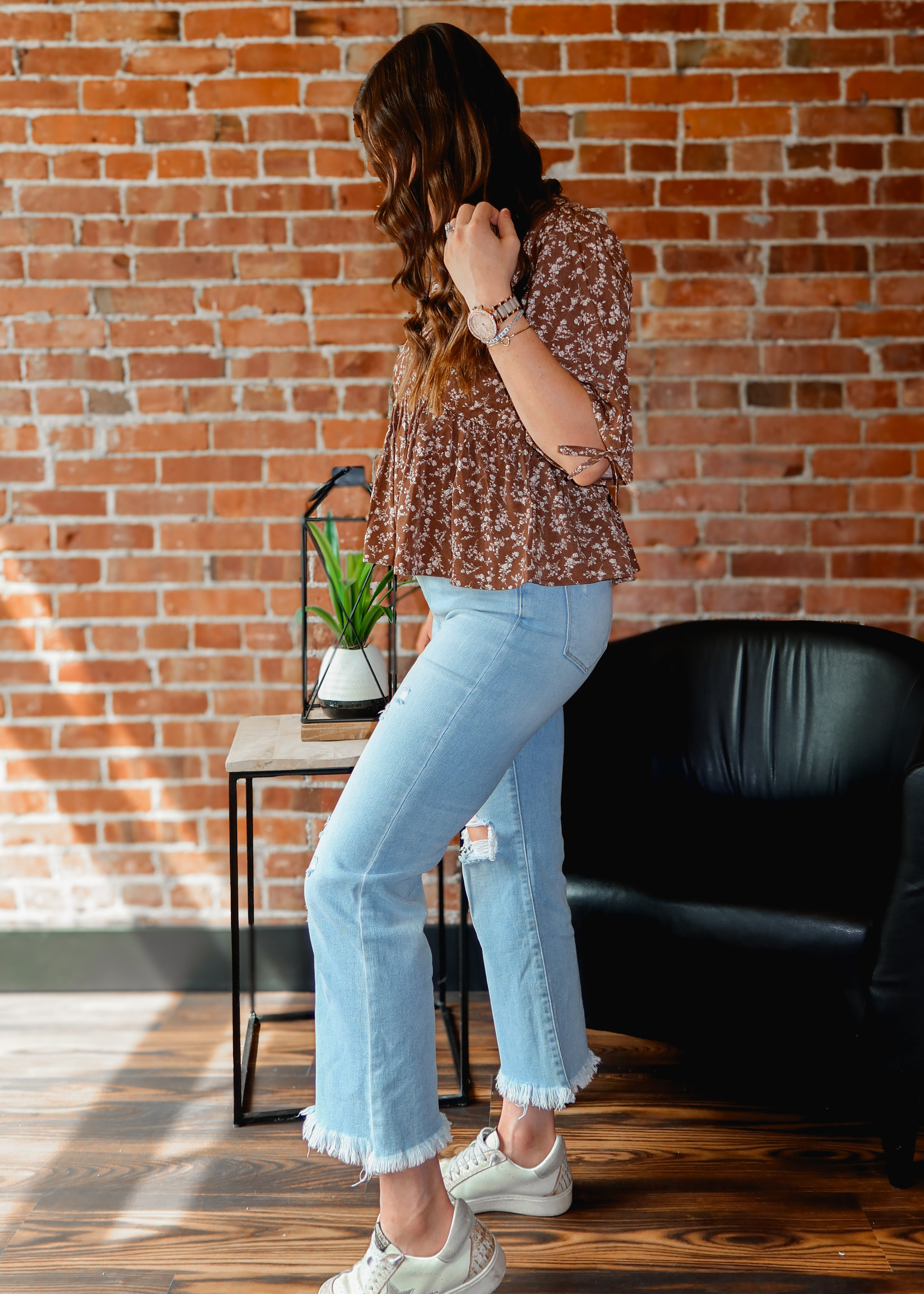 Happiness Trails Boutique - Brown peplum blouse with cream floral print