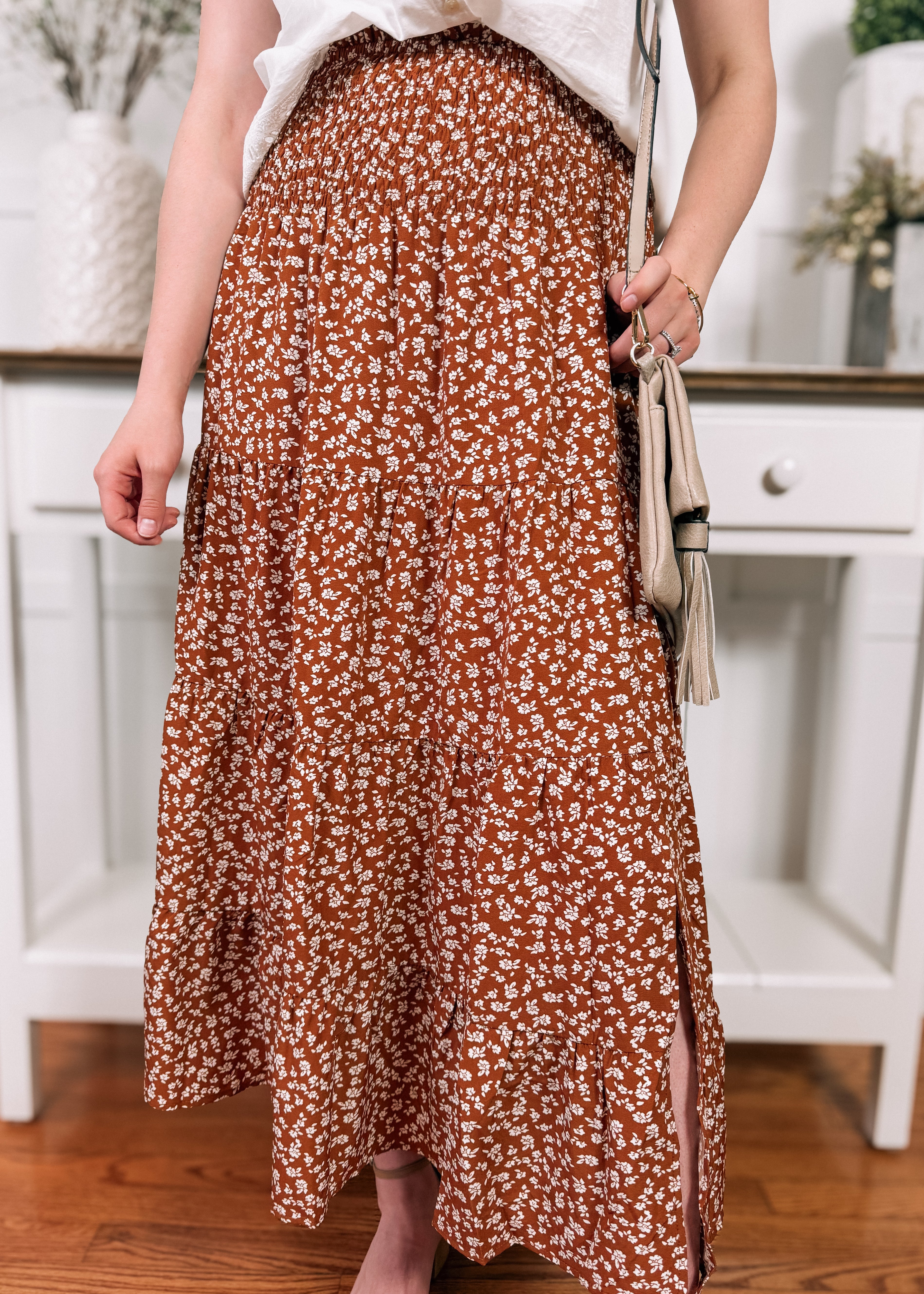Happiness Trails Boutique Camel Midi Skirt With White Floral