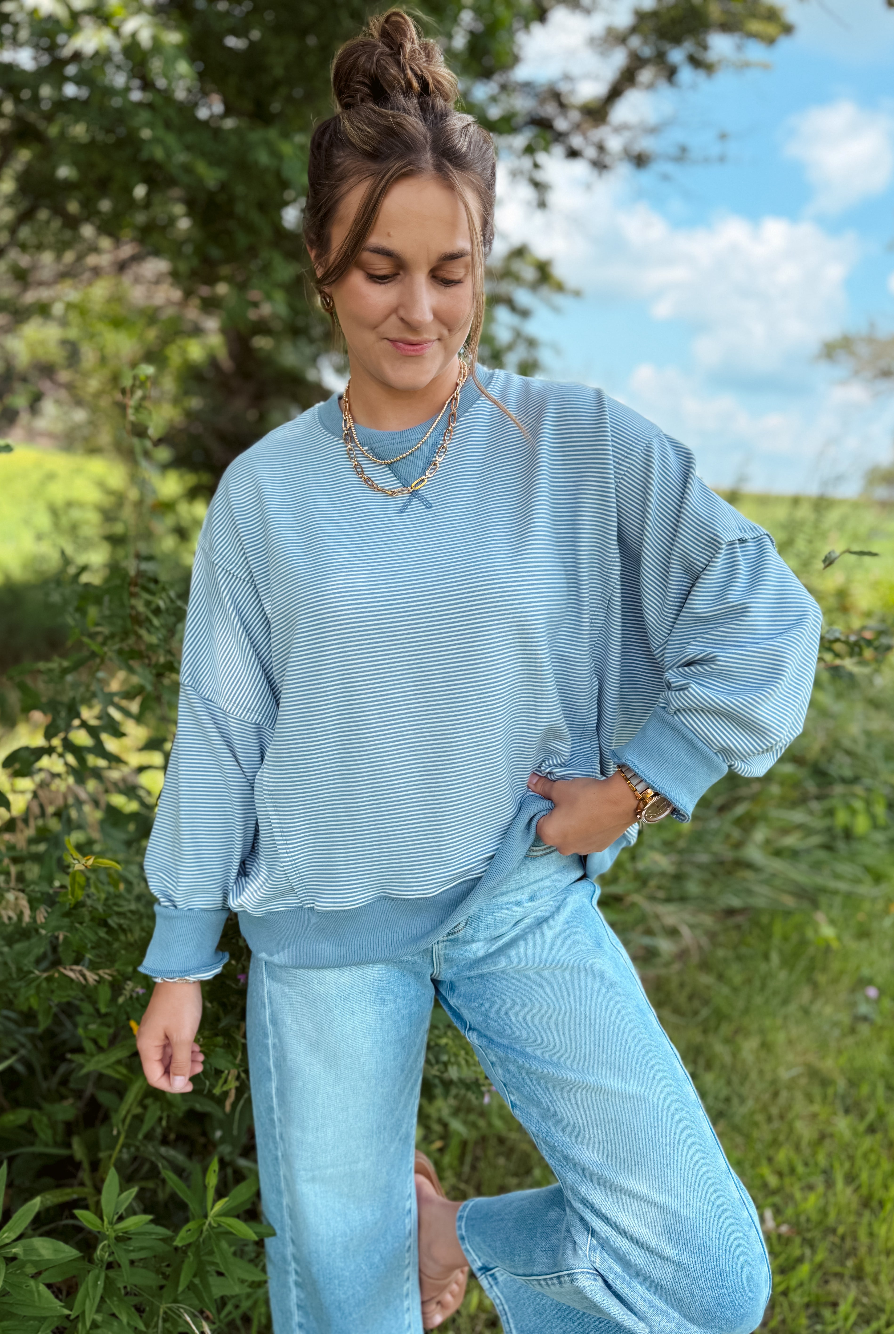 Happiness Trails Boutique - Ivory/blue striped sweatshirt