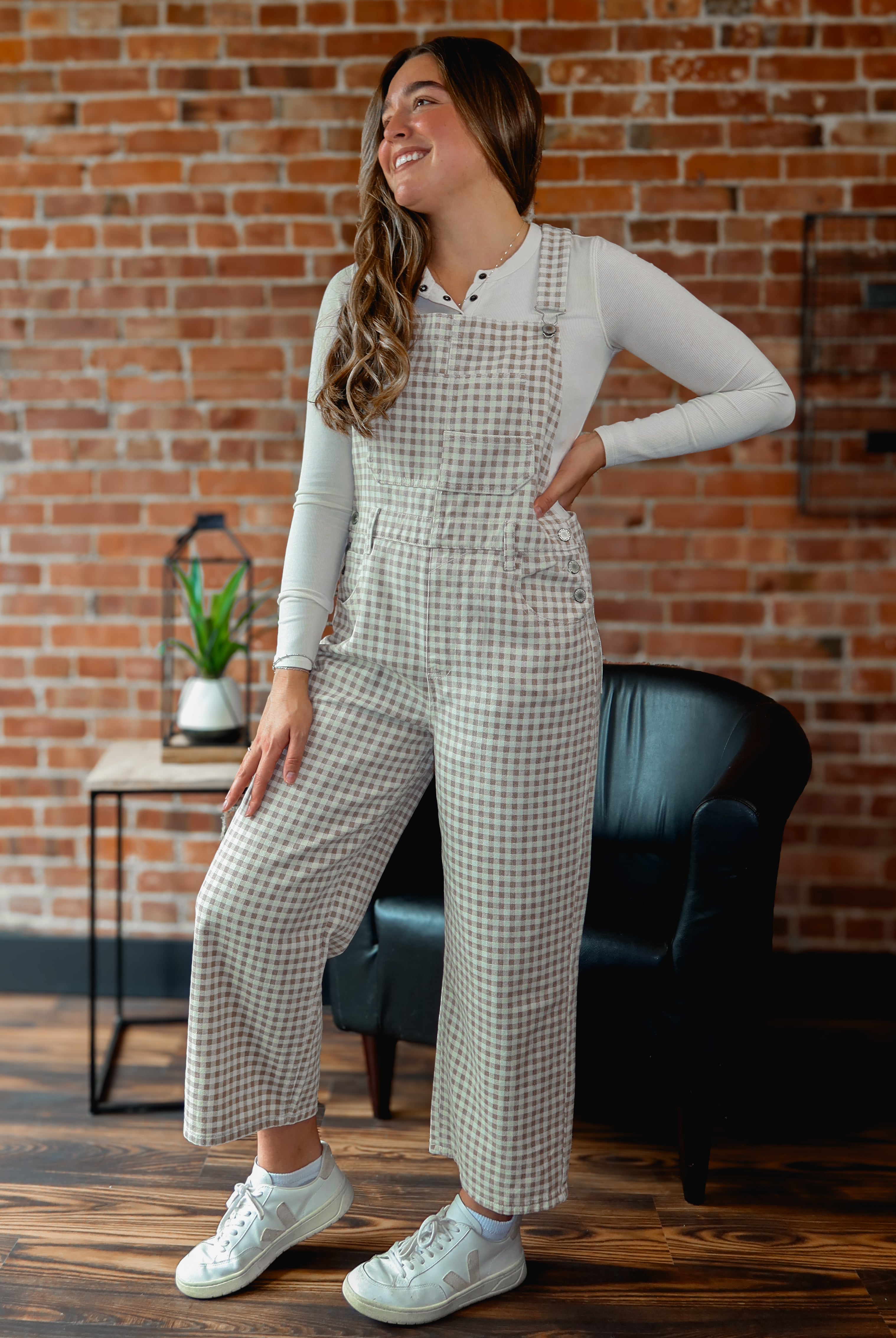 Happiness Trails Boutique - Cream/Taupe gingham denim overalls