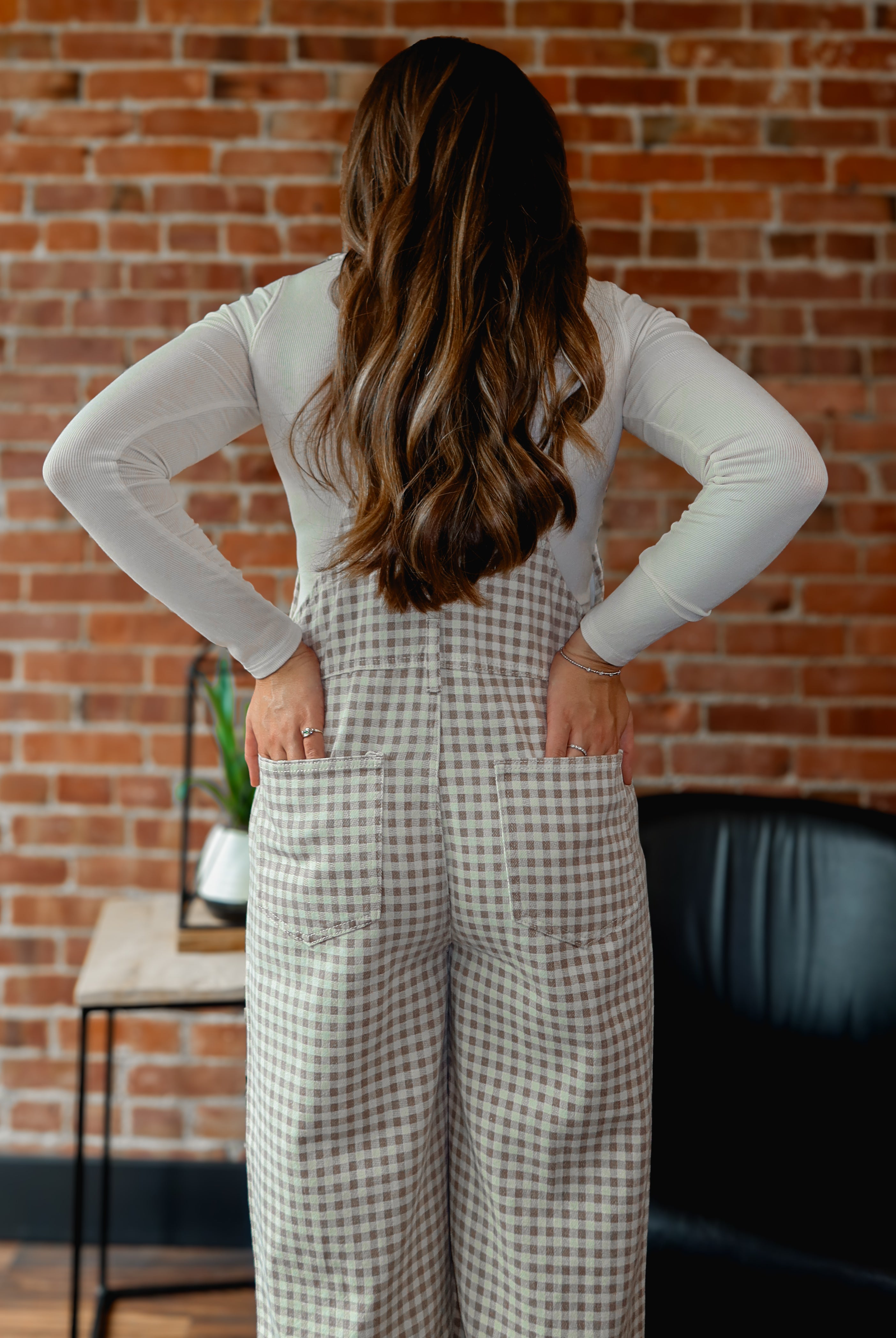 Happiness Trails Boutique - Cream/Taupe gingham denim overalls