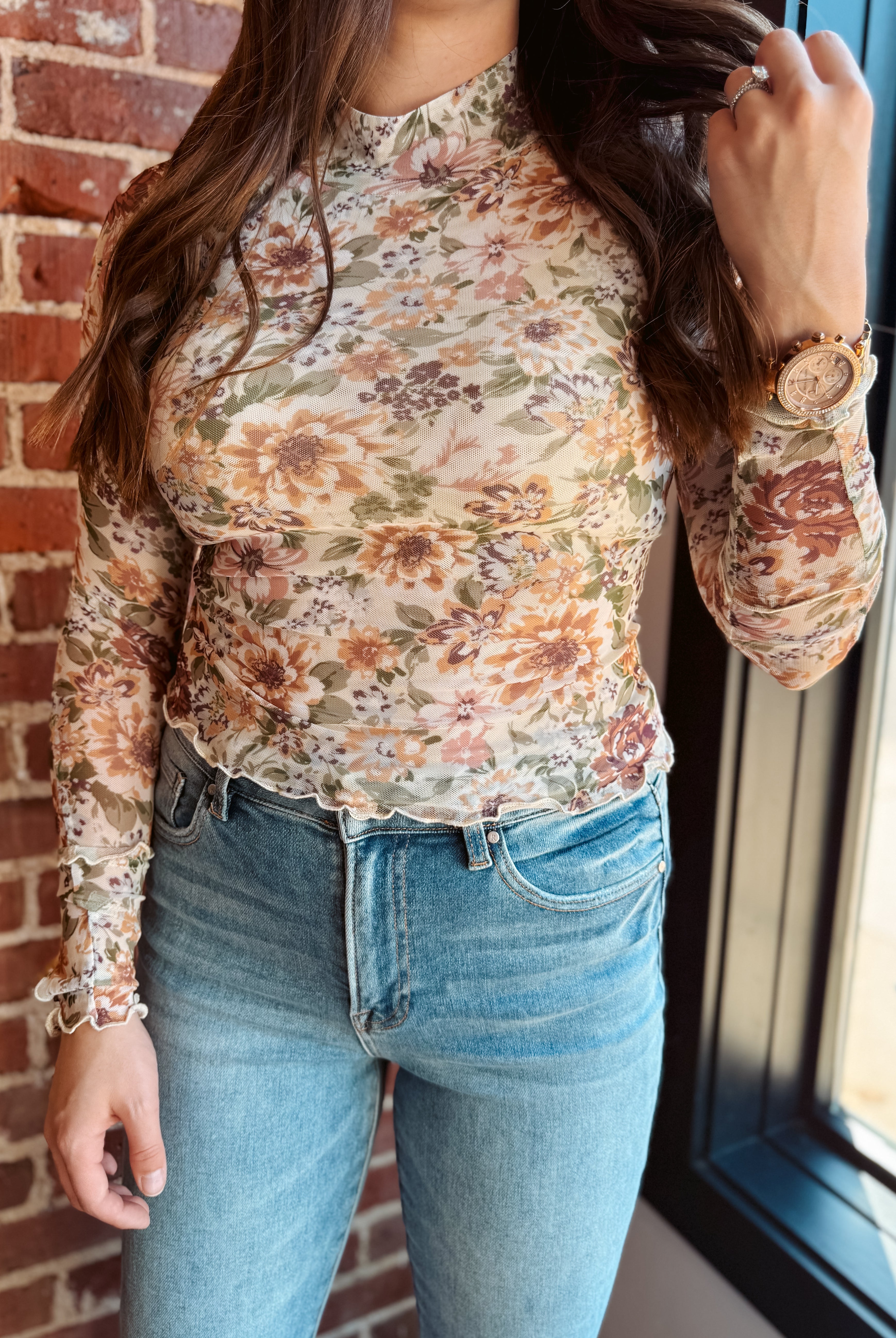 Happiness Trails Boutique - Cream floral mesh long sleeve top