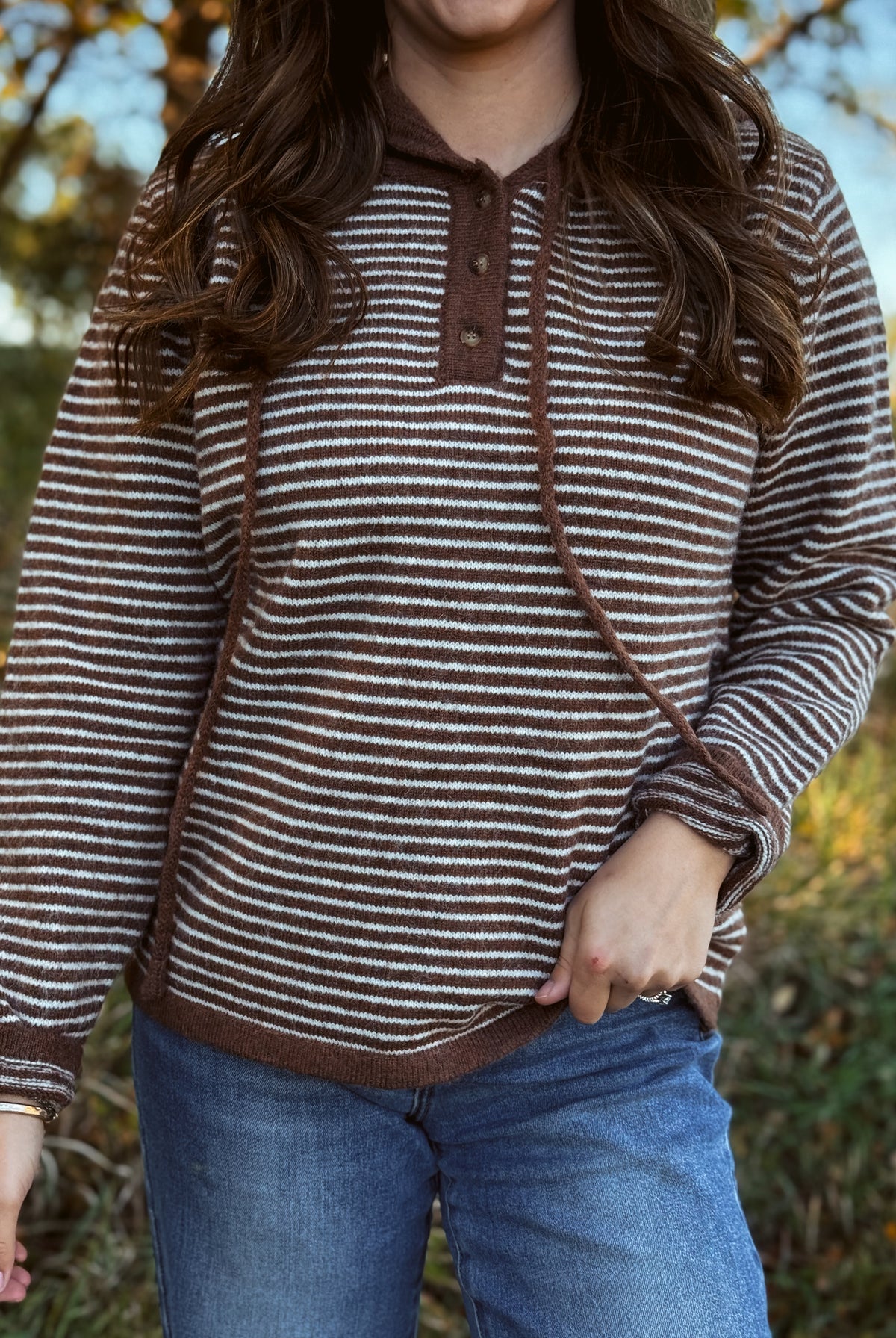 Happiness Trails Boutique - Mocha and cream striped hooded sweater