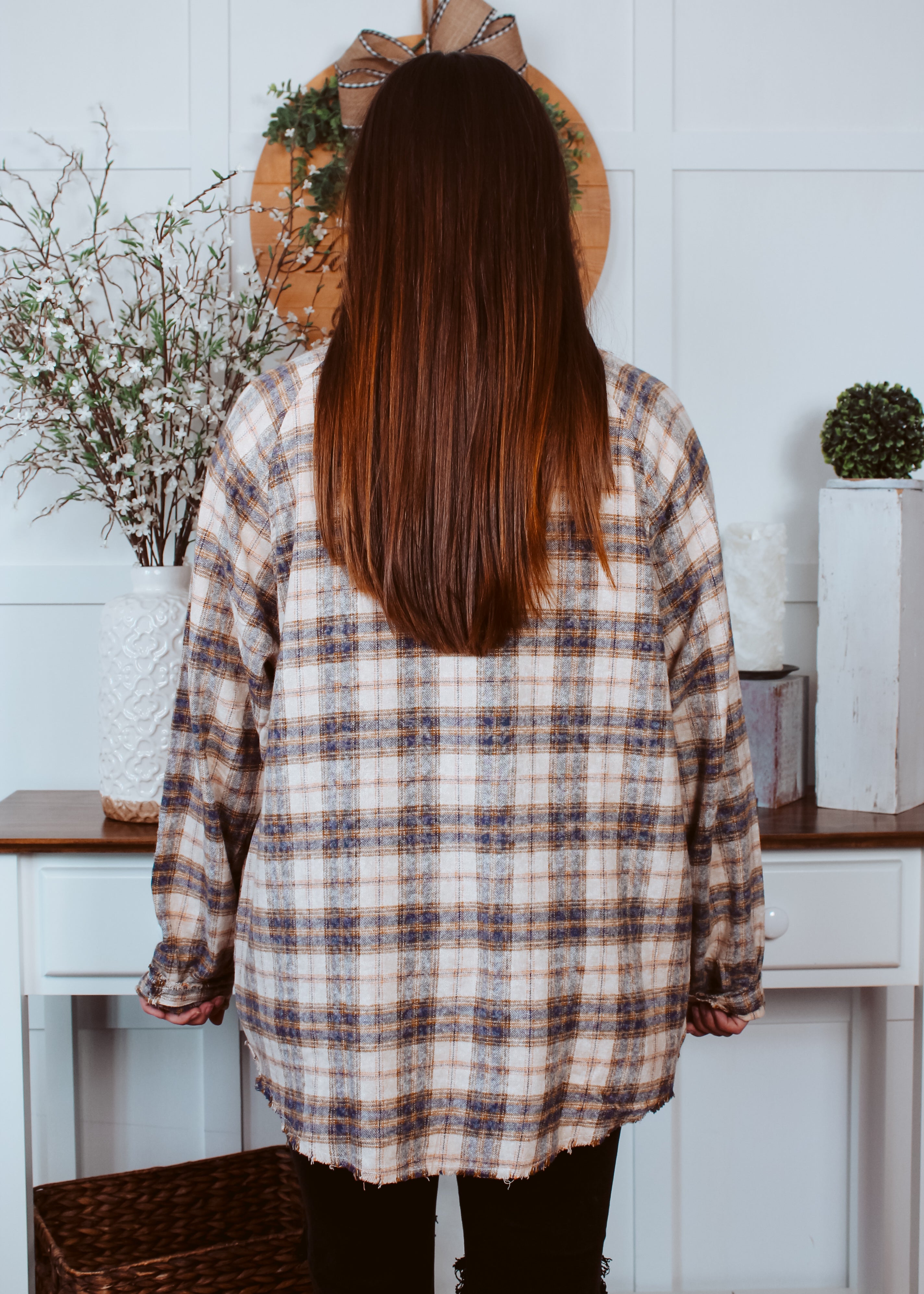 Happiness Trails Boutique - Tan and navy plaid shacket