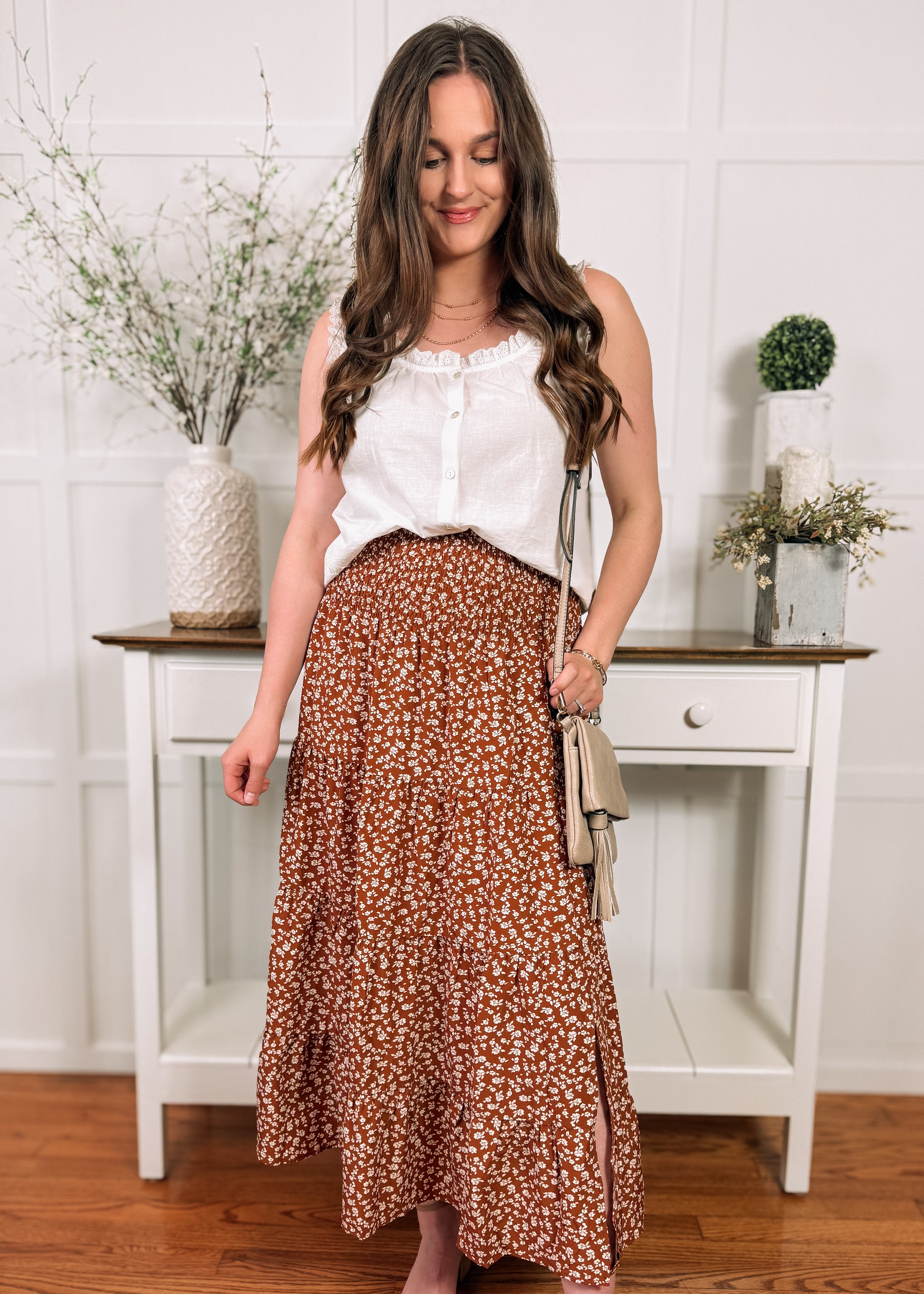 Happiness Trails Boutique Camel Midi Skirt With White Floral