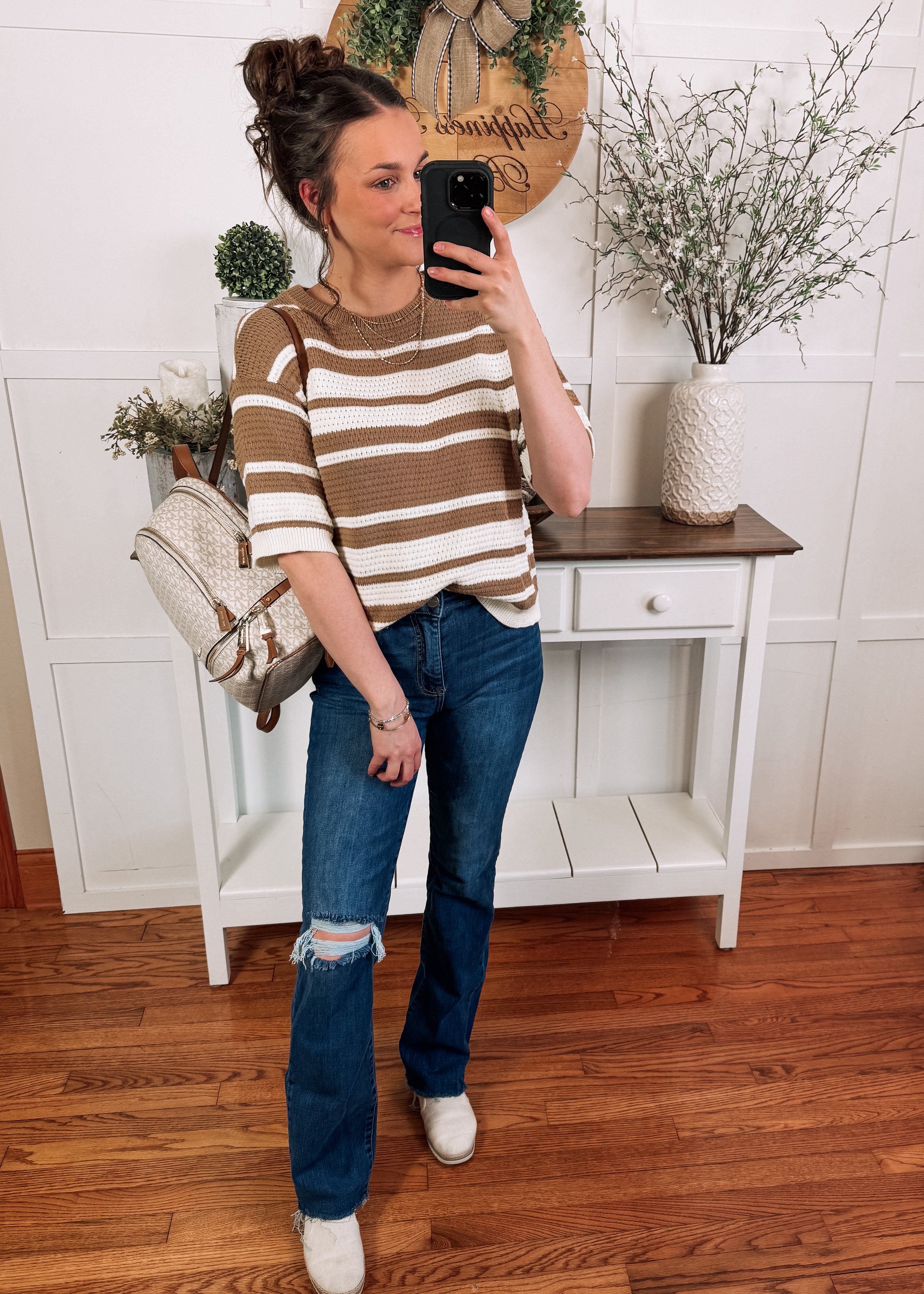Happiness Trails Boutique - Brown/Ivory striped short sleeve sweater