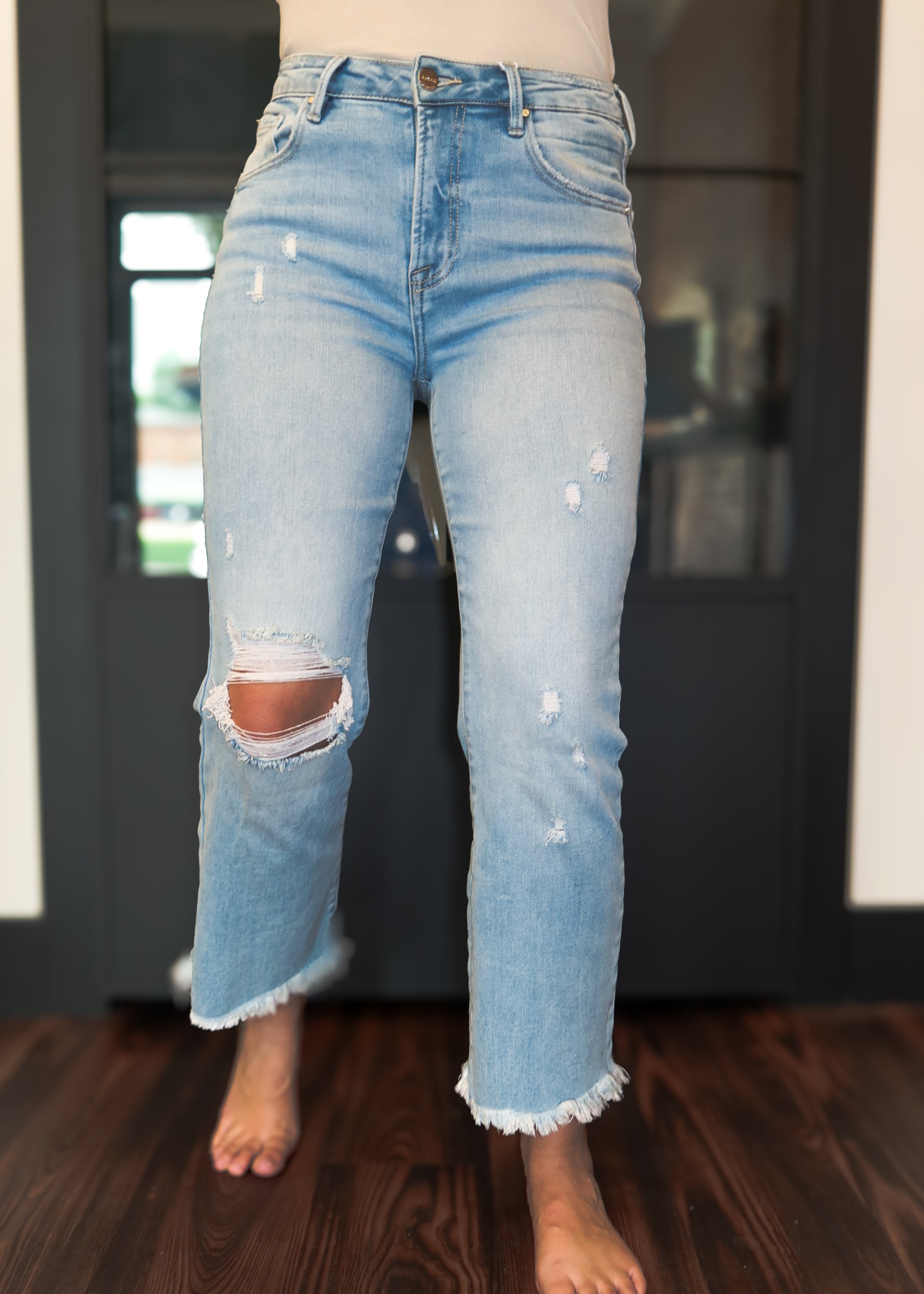 Happiness Trails Boutique - Risen jeans cropped light denim with distressing