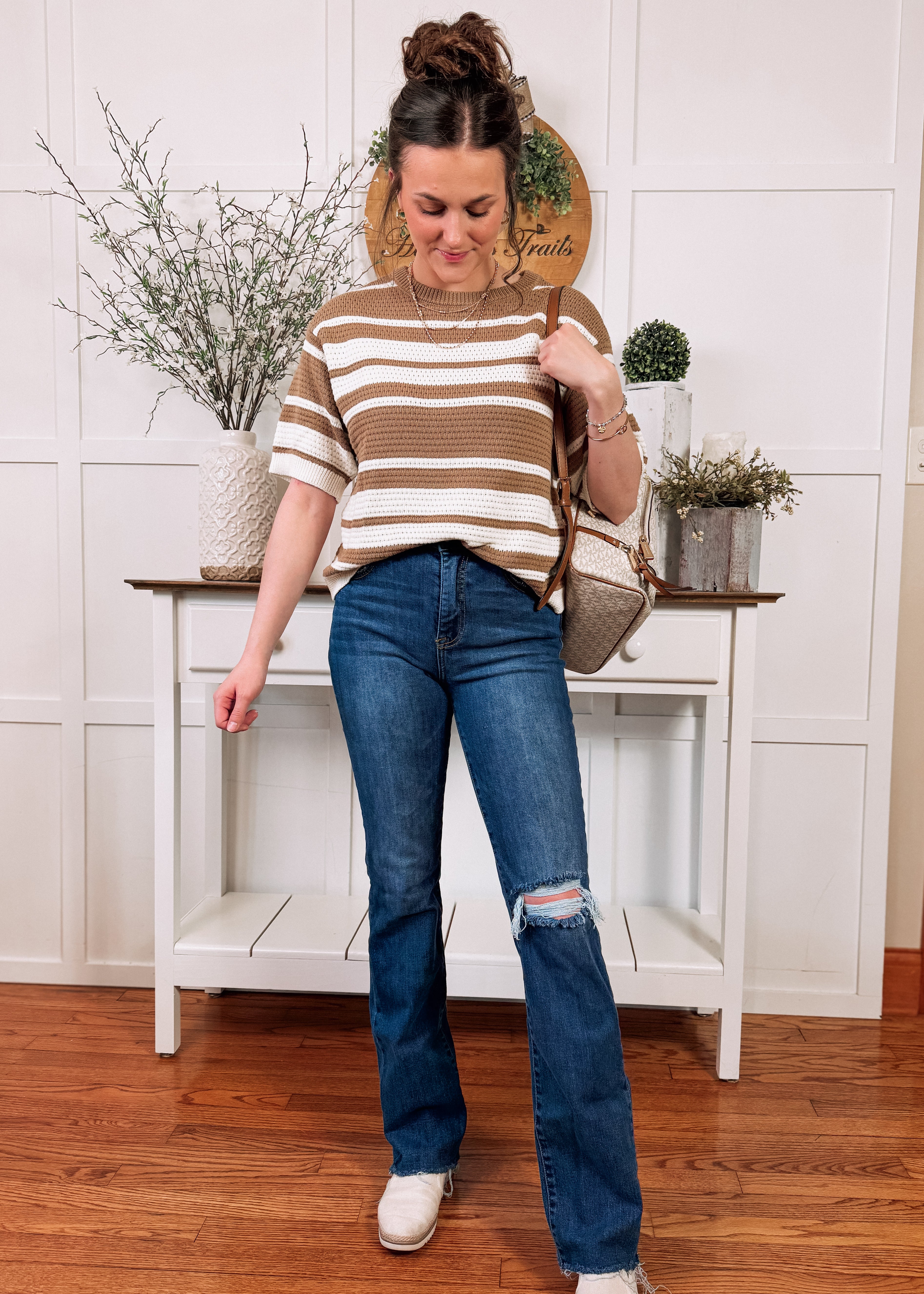 Happiness Trails Boutique - Brown/Ivory striped short sleeve sweater