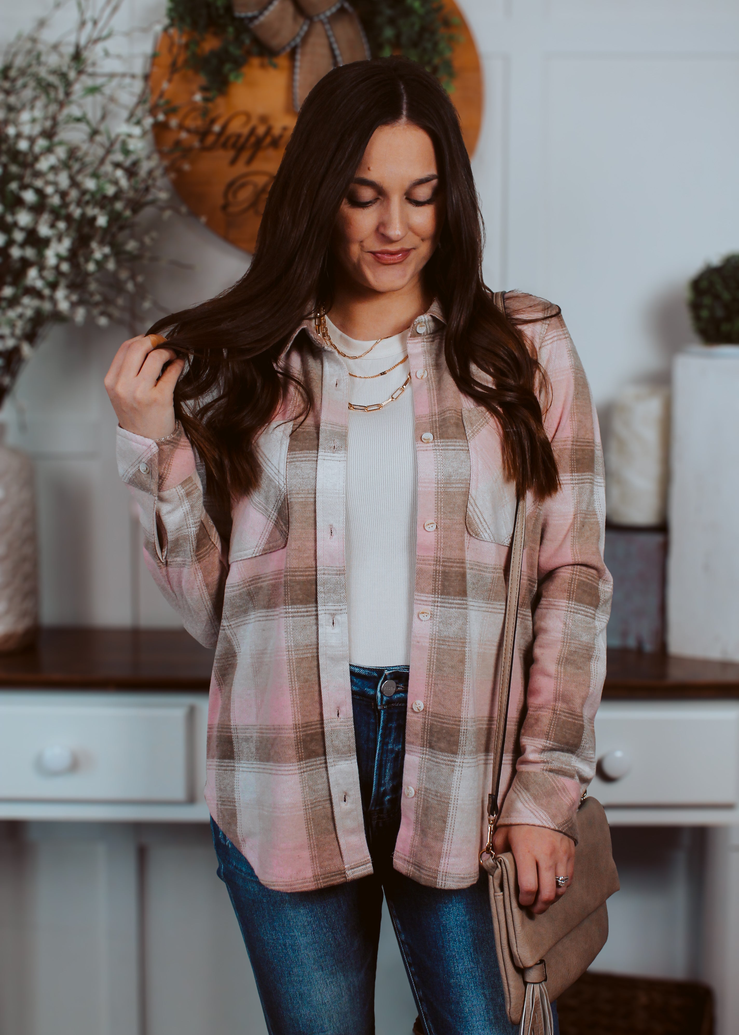 Happiness Trails Boutique - Ivory/Pink Plaid Shacket