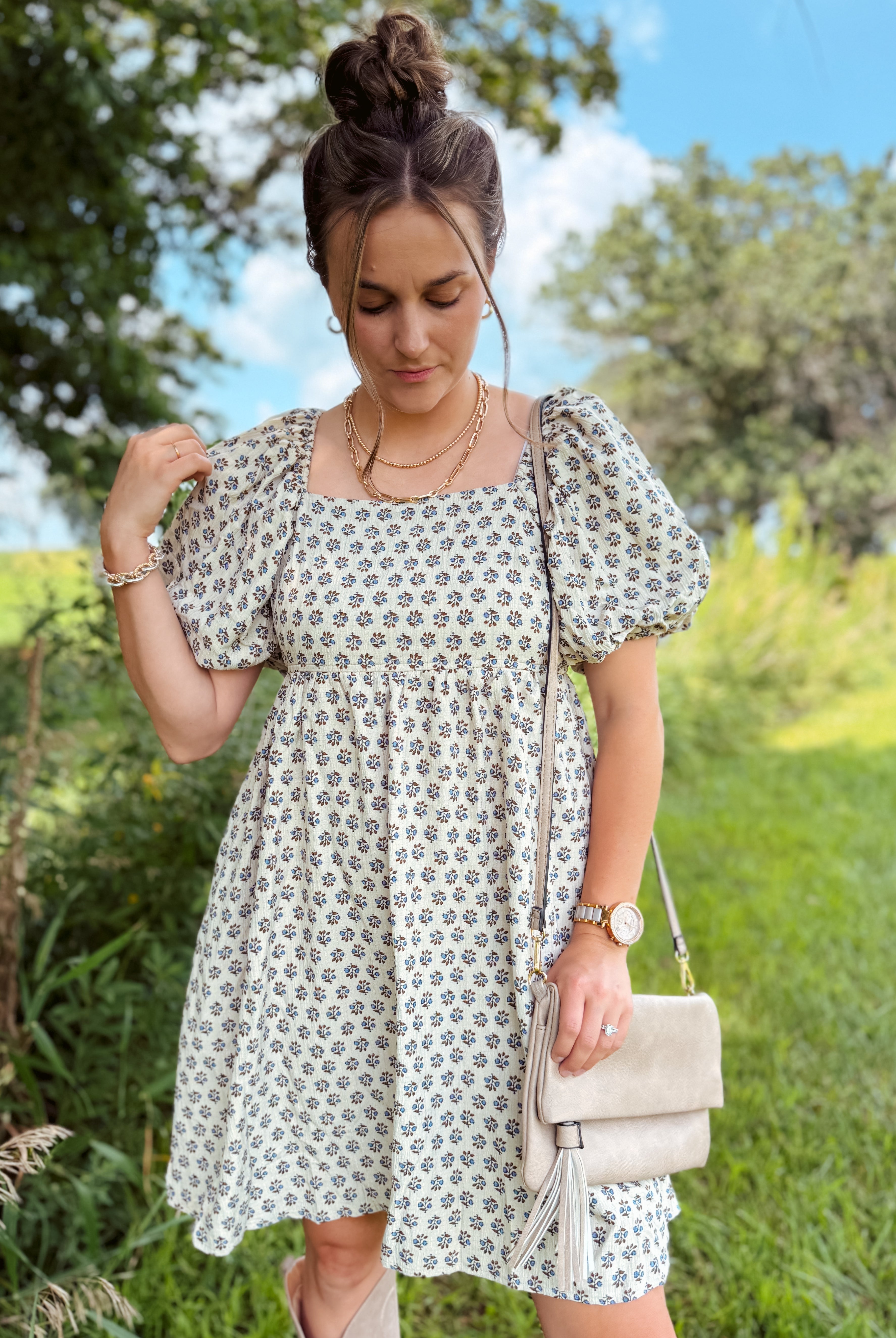 Happiness Trails Boutique - A soft neutral oatmeal tone beautifully complemented by blue floral accents dress