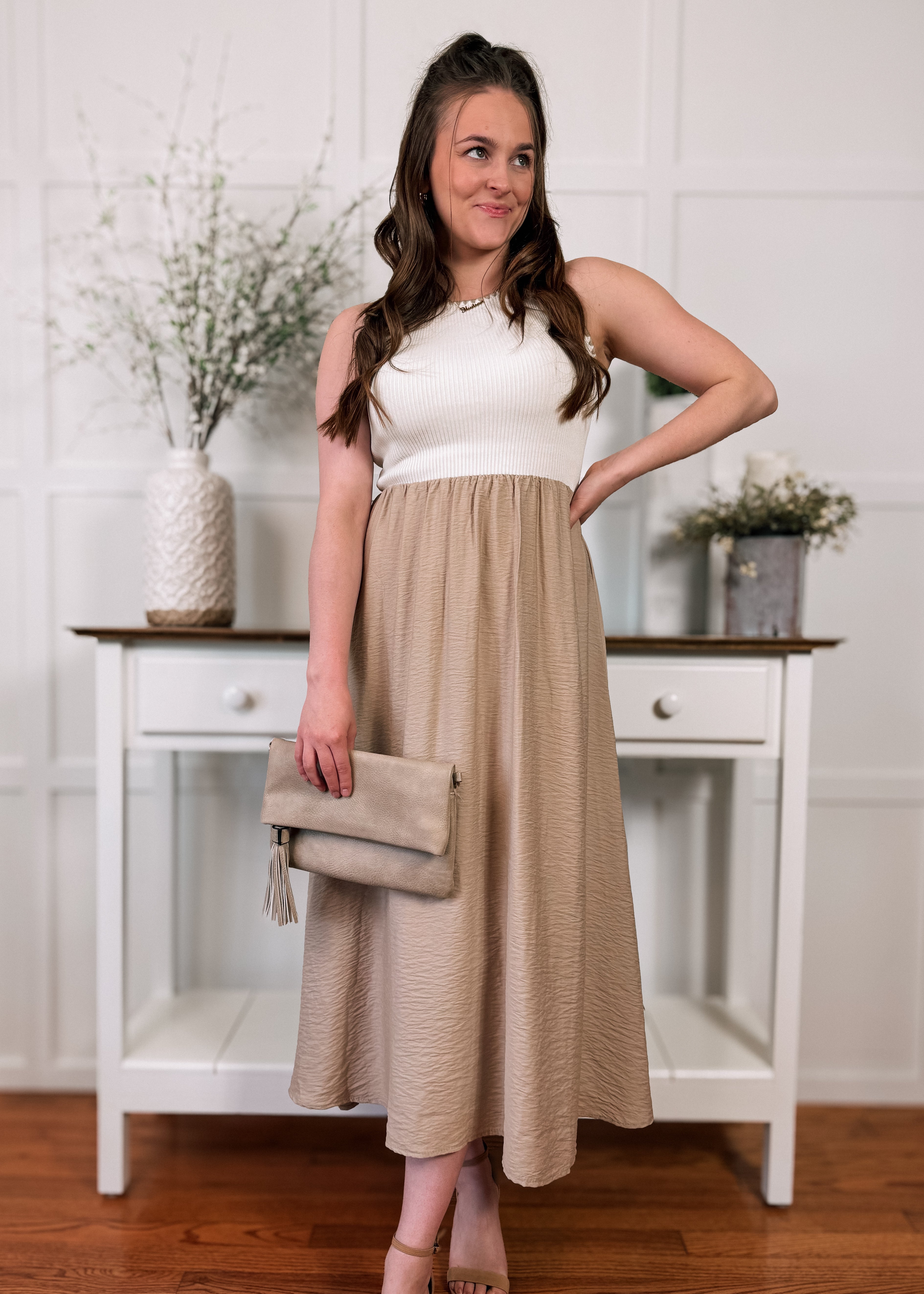 Happiness Trails Boutique - Ivory/tan midi dress