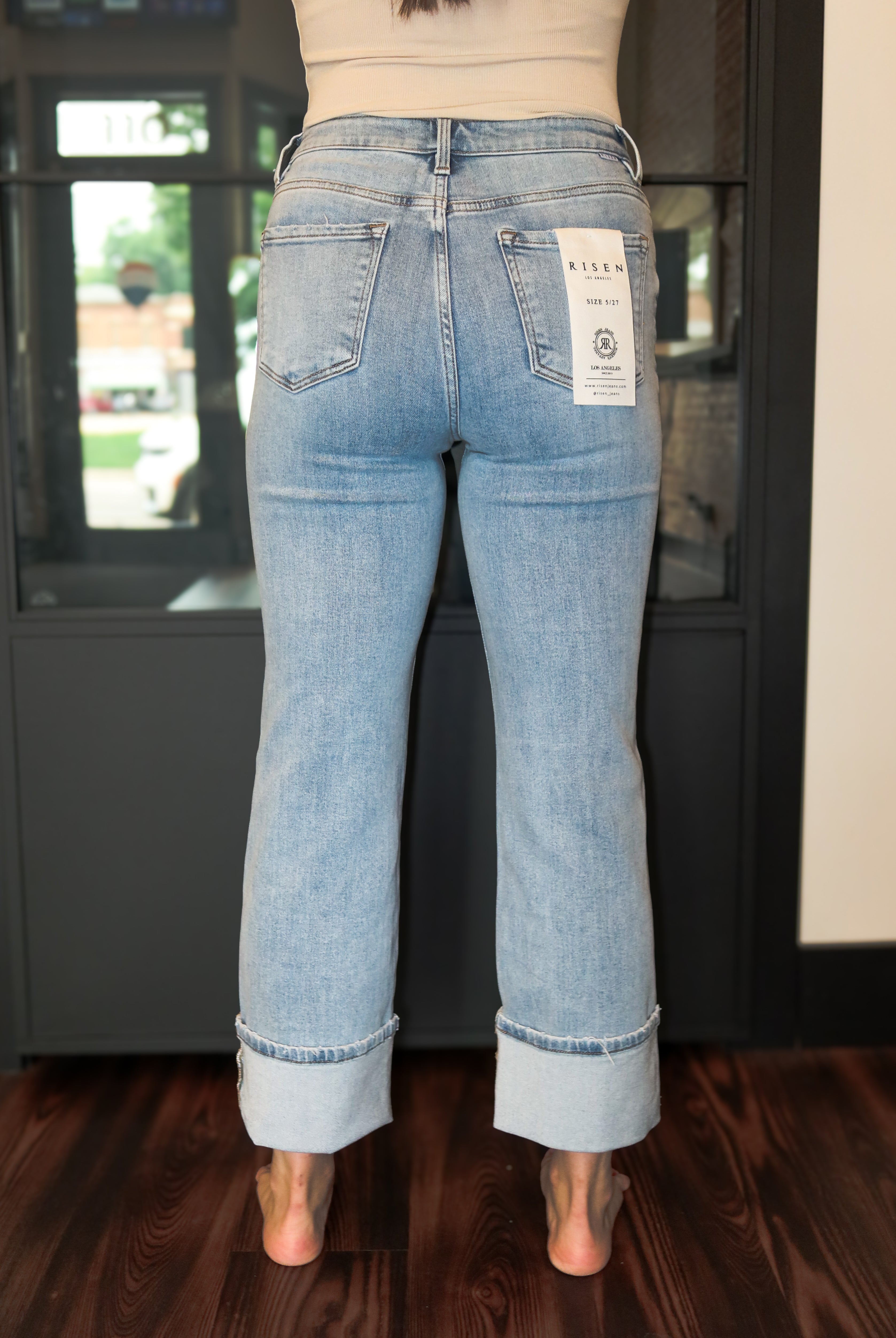 Happiness Trails Boutique - Risen high rise ankle straight wide cuffed jeans