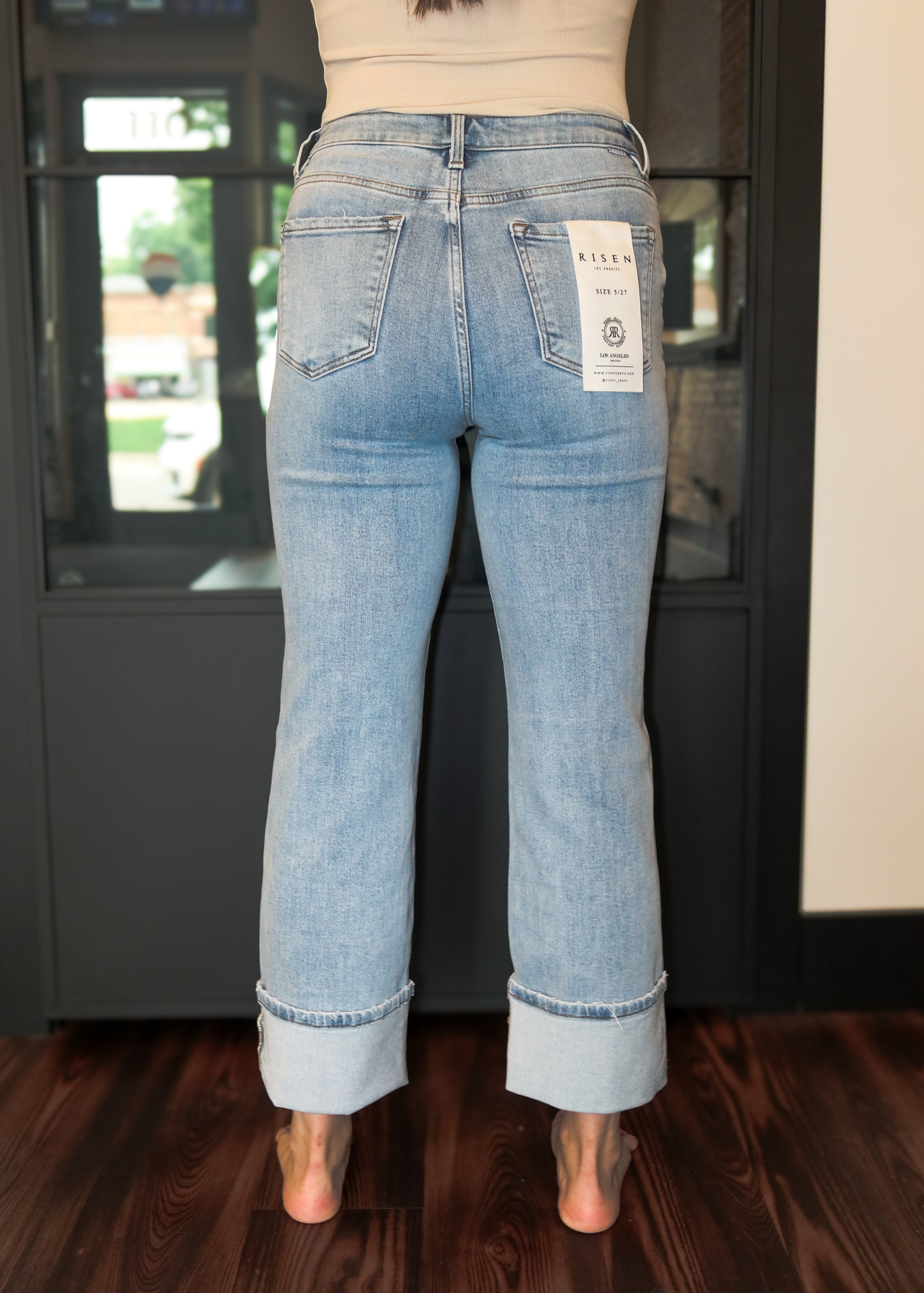 Happiness Trails Boutique - Risen high rise ankle straight wide cuffed jeans