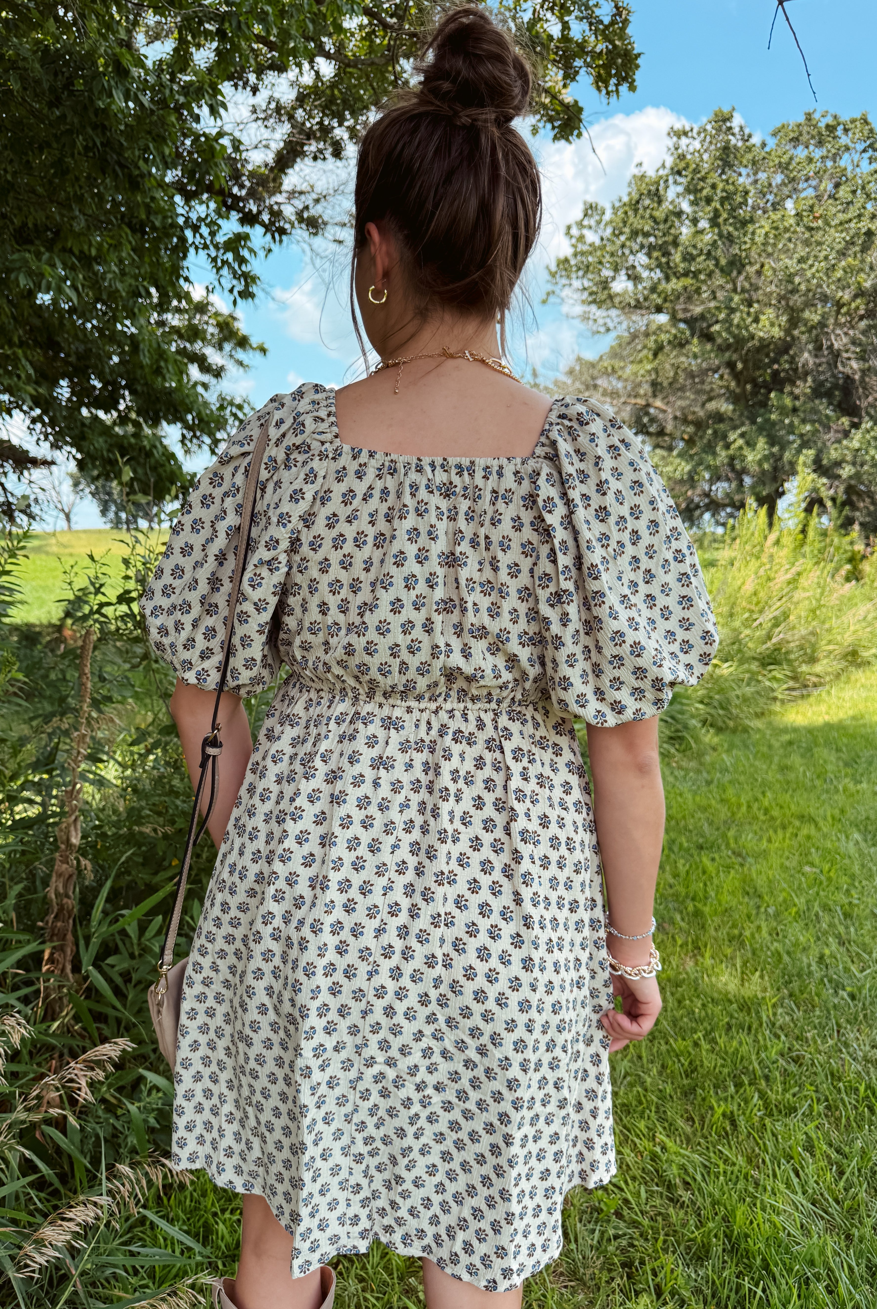 Happiness Trails Boutique - A soft neutral oatmeal tone beautifully complemented by blue floral accents dress