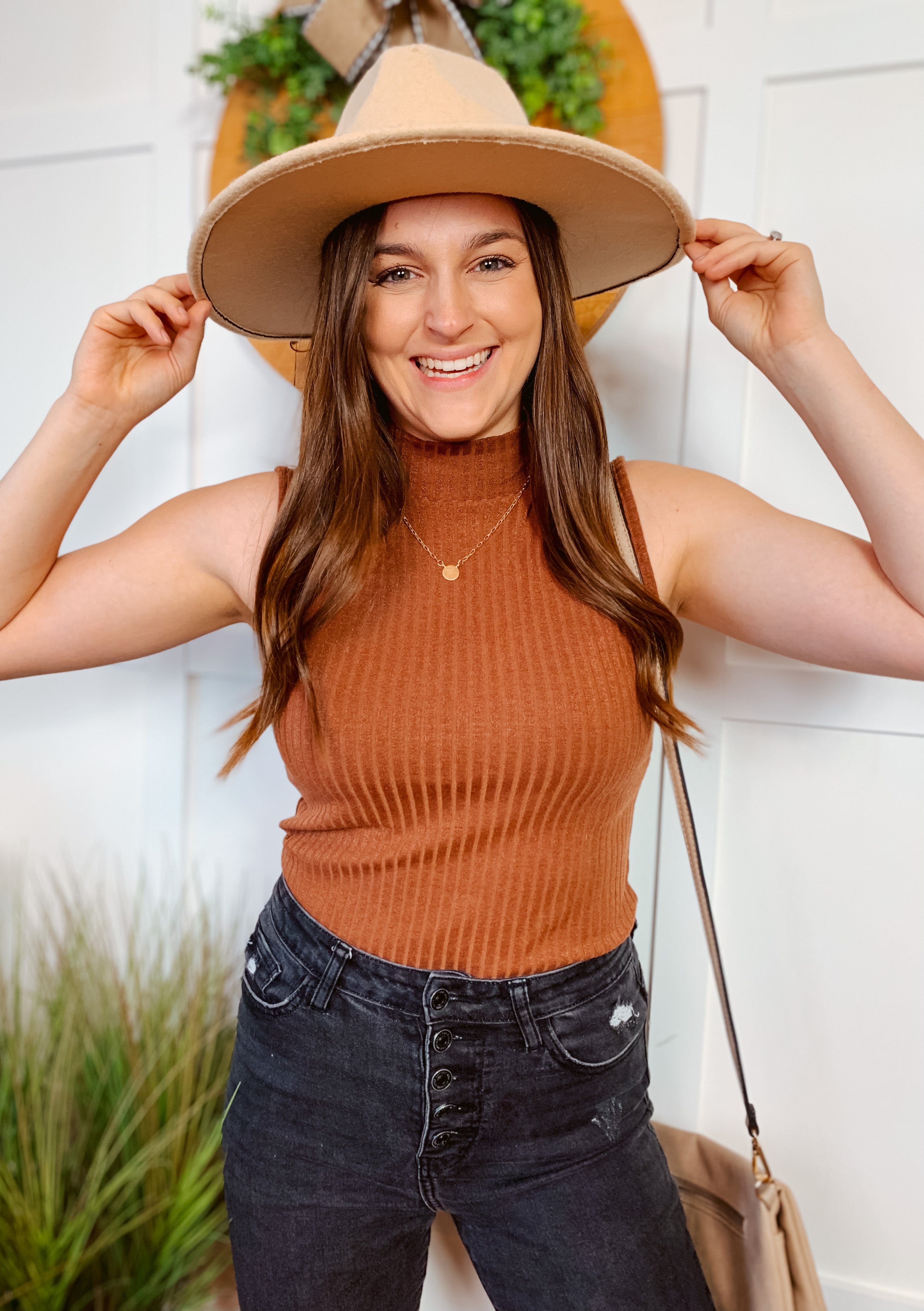 Brown ribbed sleeveless top
