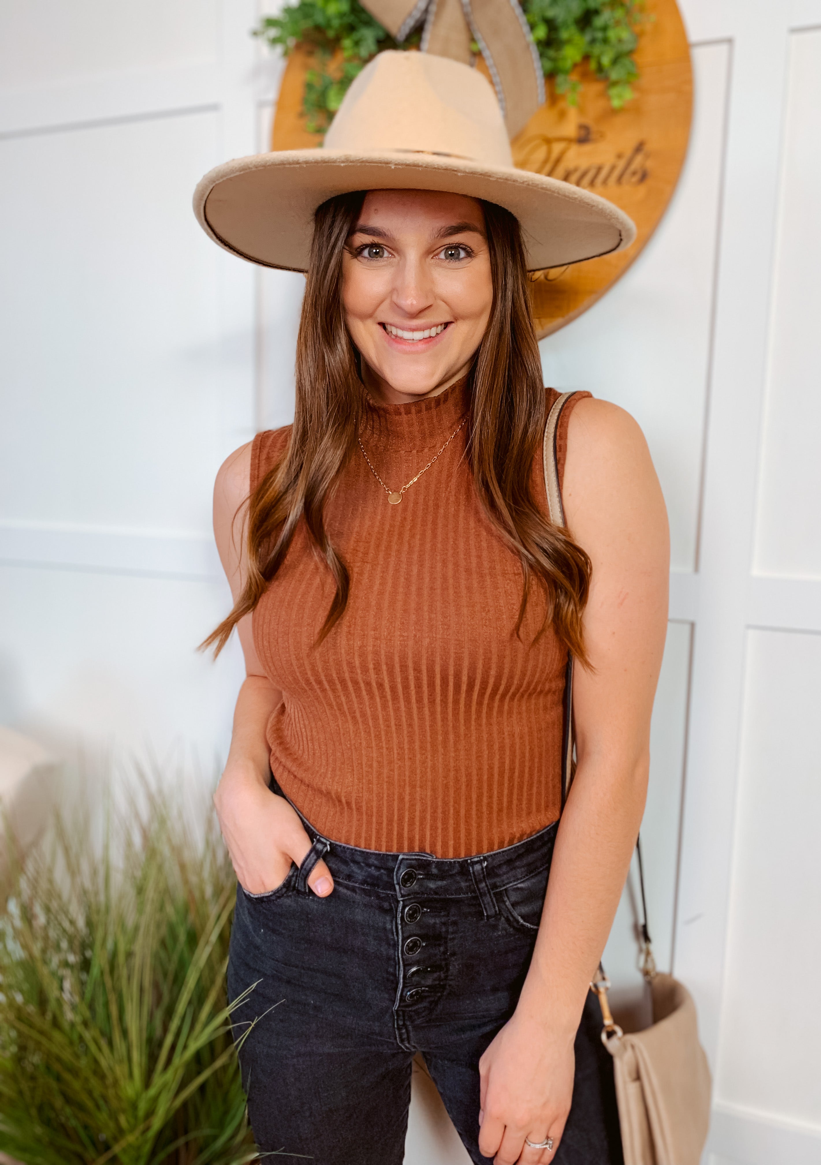 Brown ribbed sleeveless top