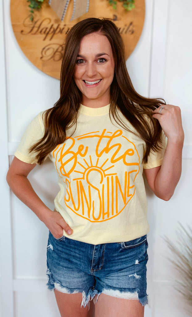 Be The Sunshine Graphic Tee on a yellow Comfort Colors t-shirt.