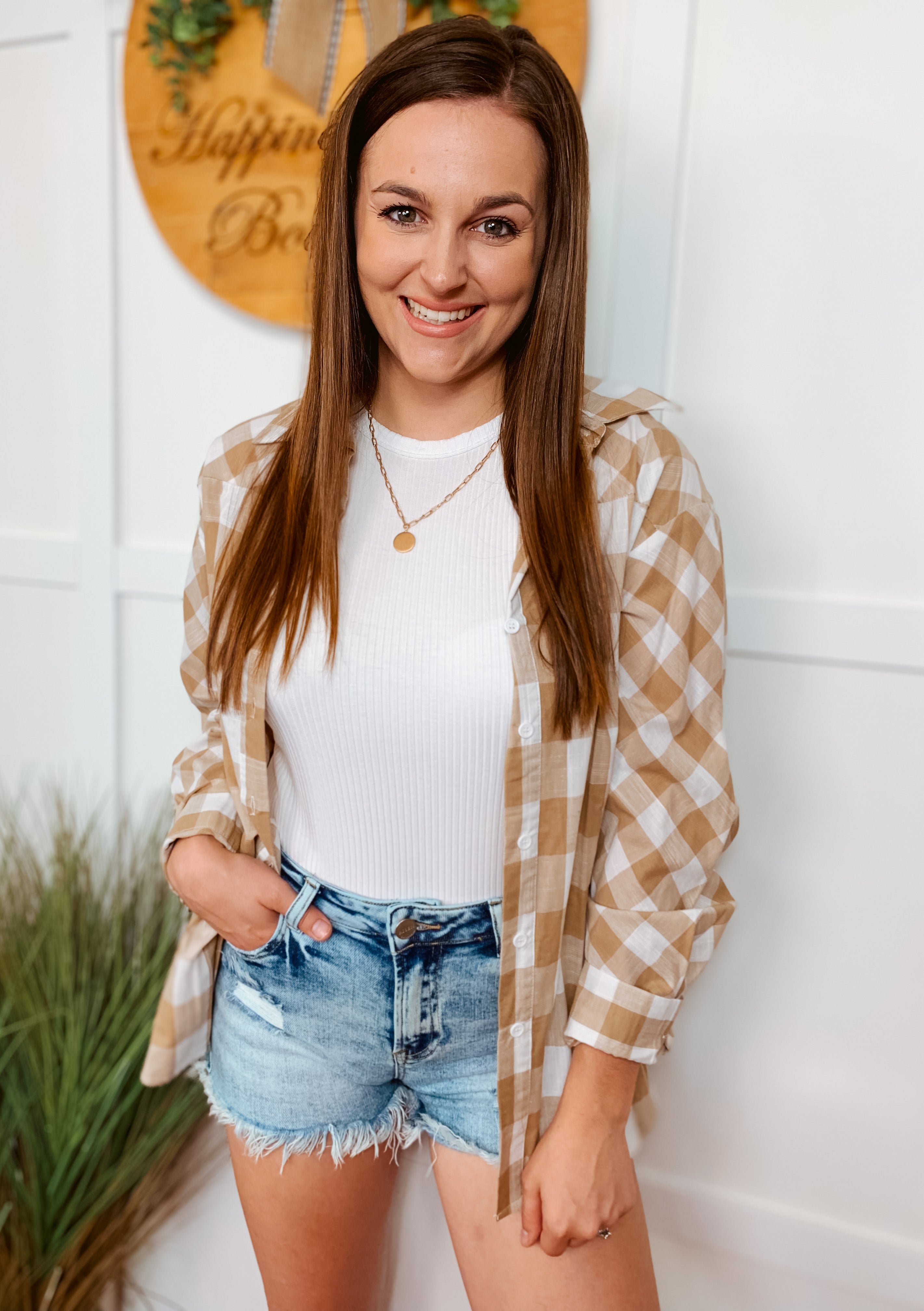 Happiness Trails Boutique - Taupe and white plaid long sleeve shirt