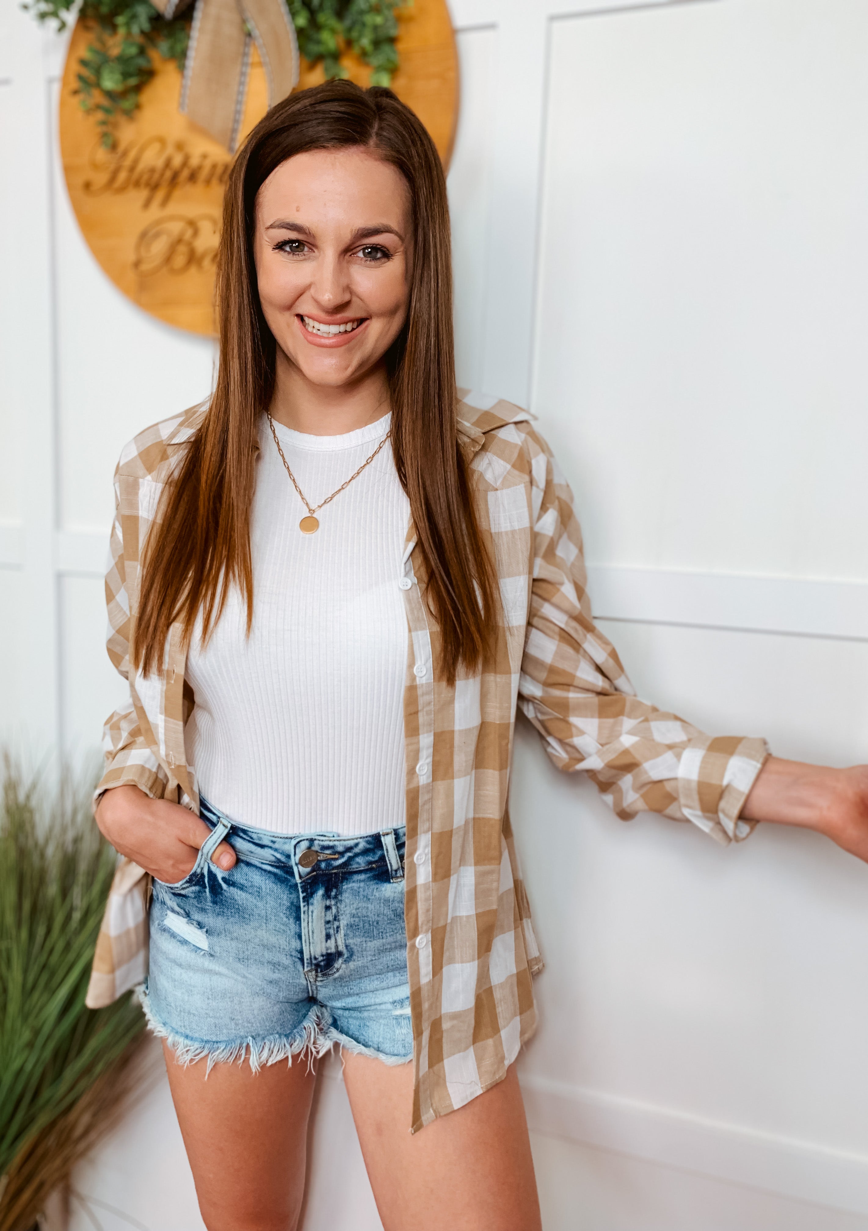 Happiness Trails Boutique - Taupe and white plaid long sleeve shirt