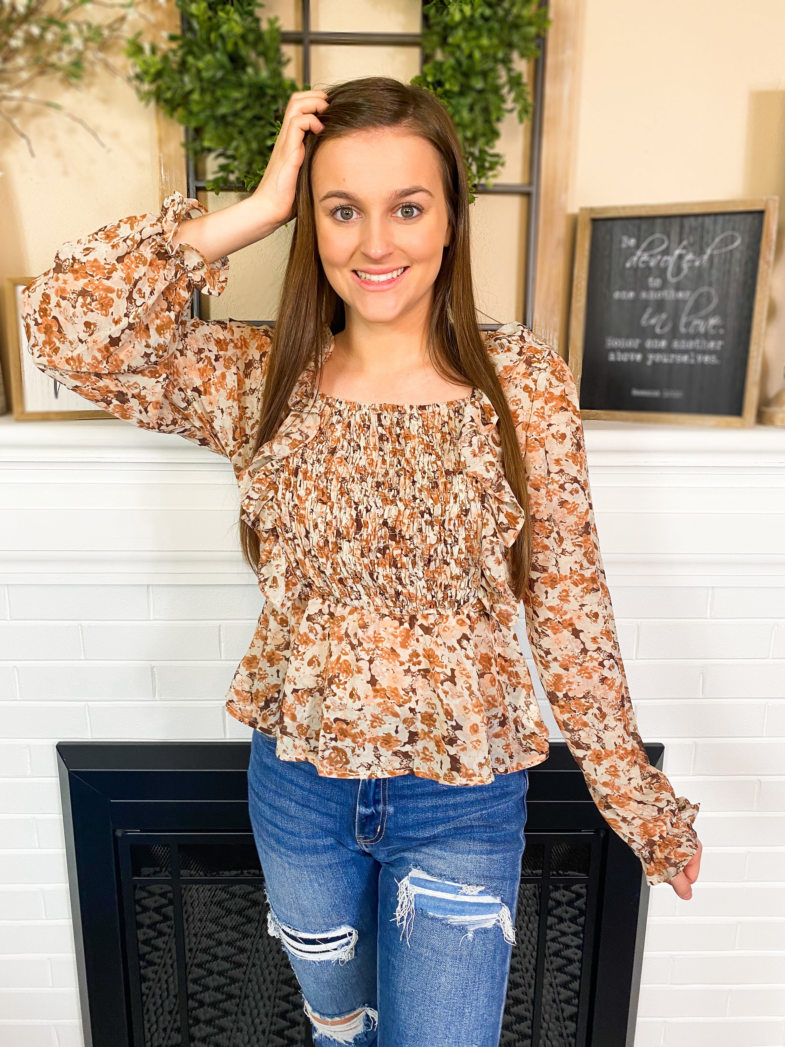 Brown floral long sleeve top