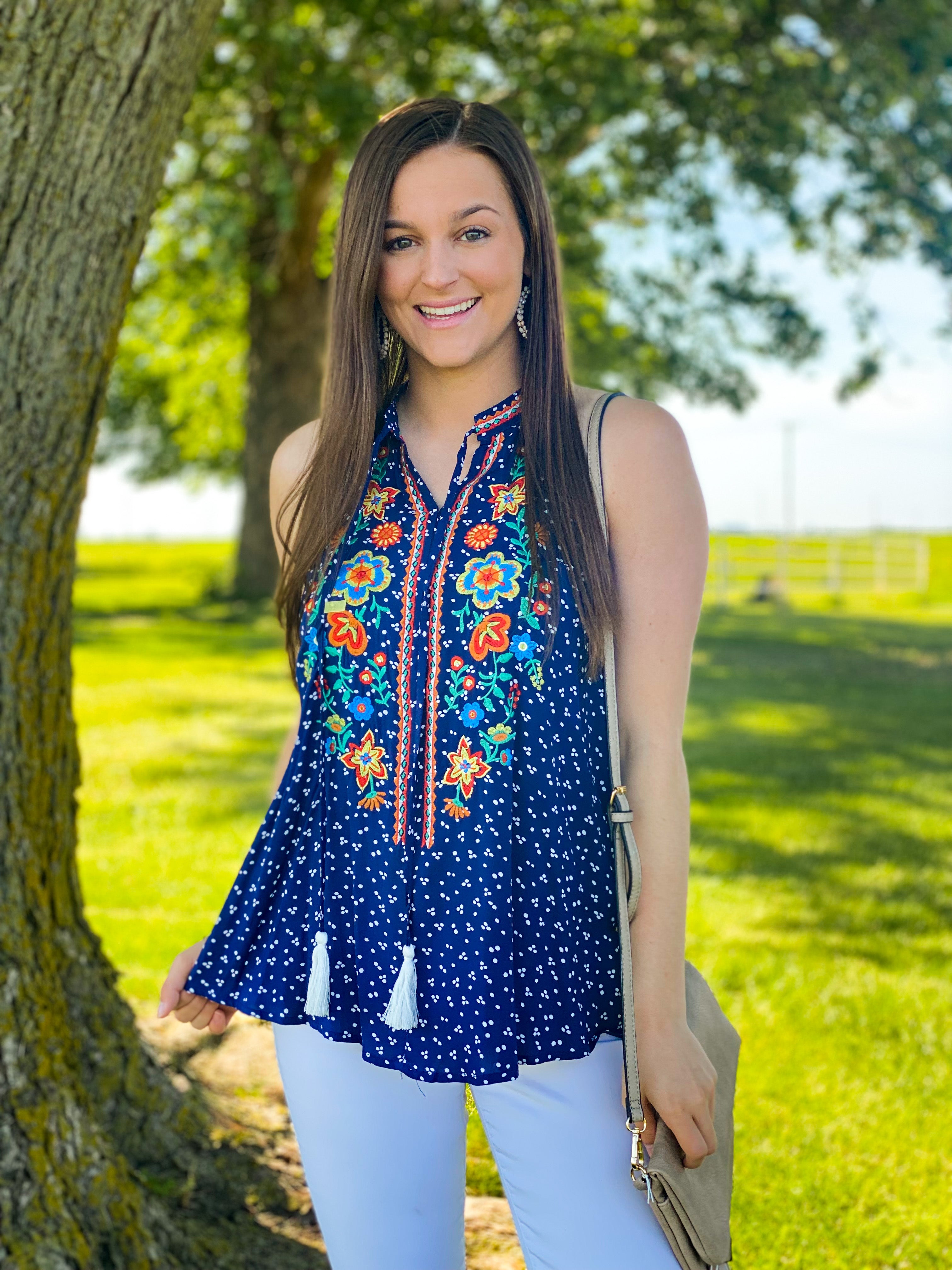 Navy sleeveless embroidered top