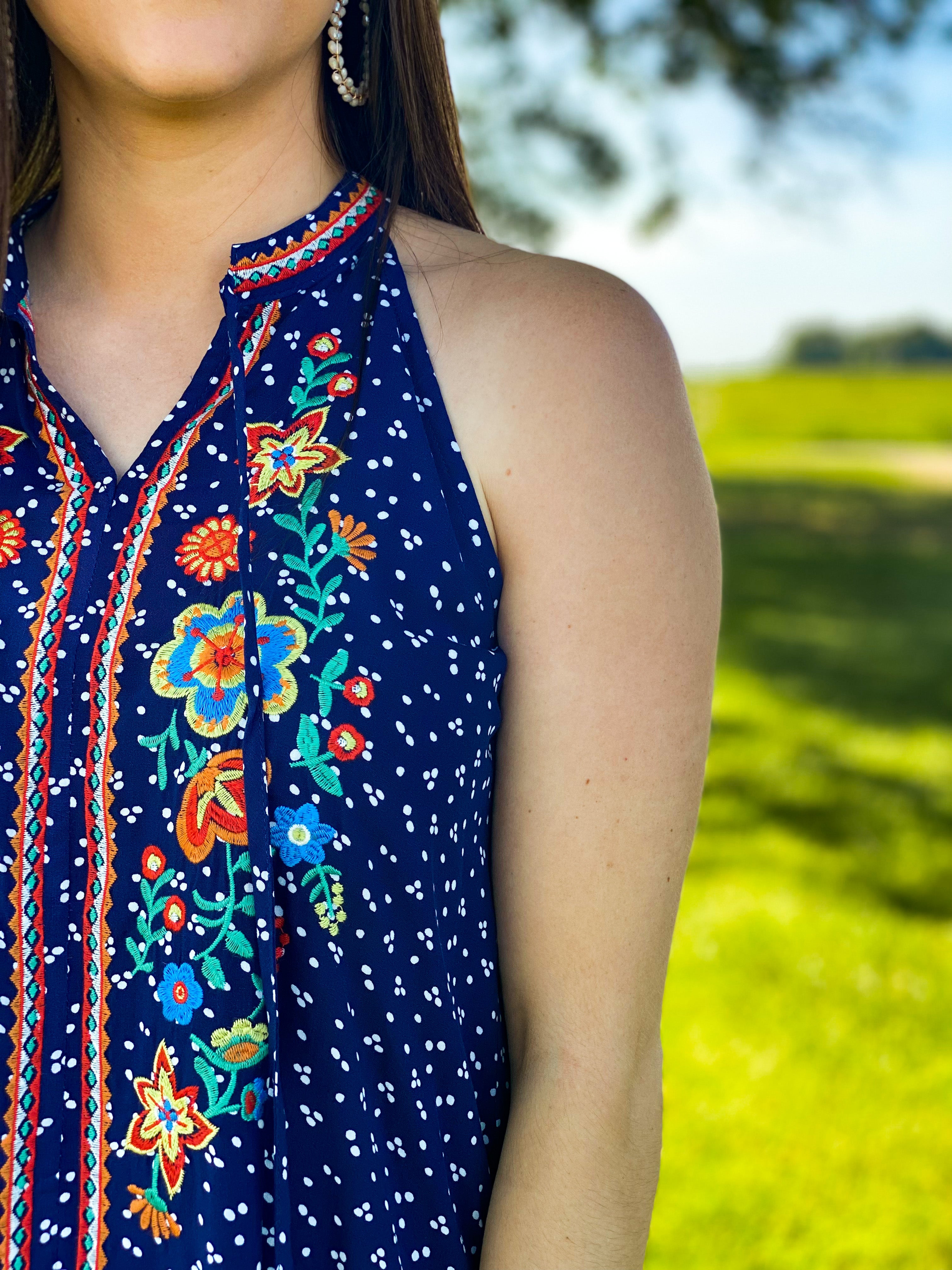 Navy sleeveless embroidered top