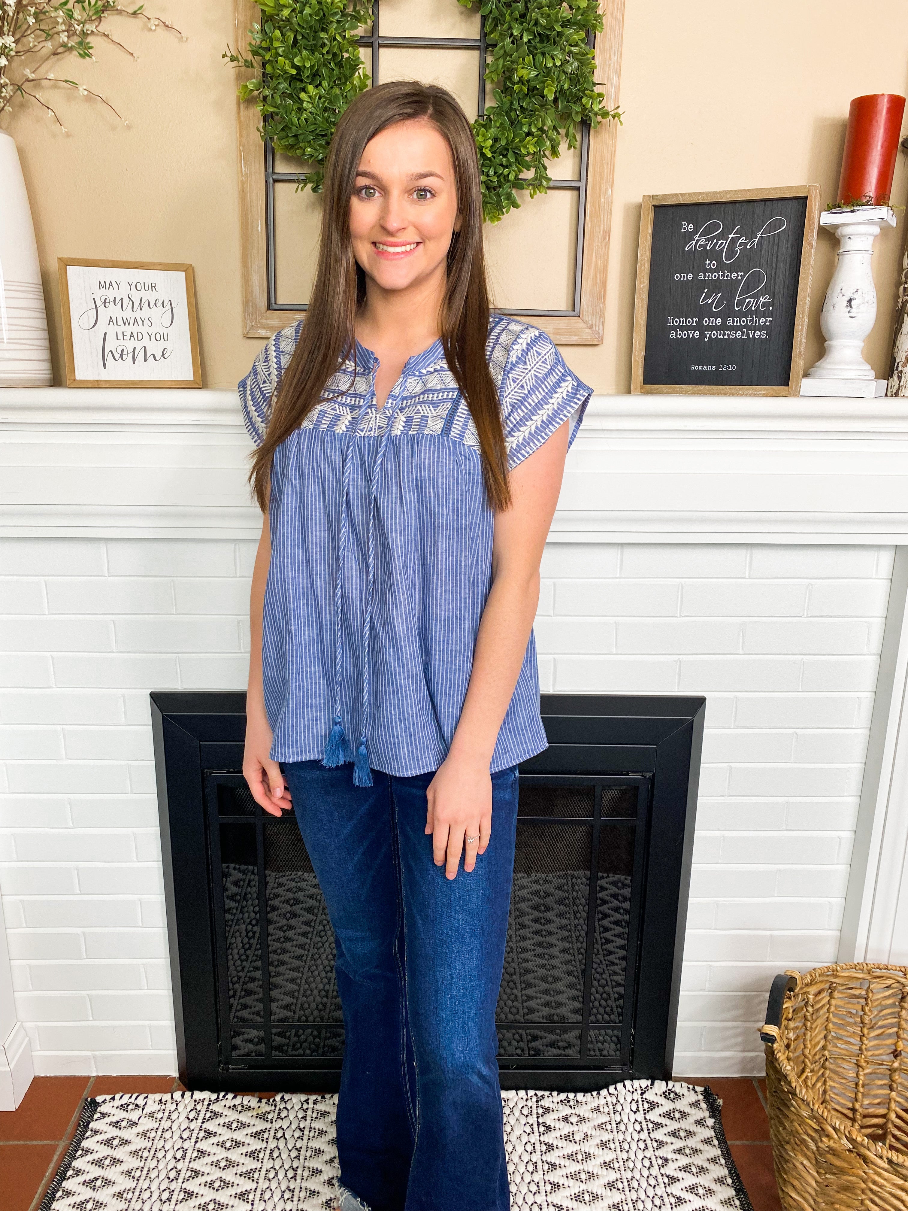 Blue embroidery striped top